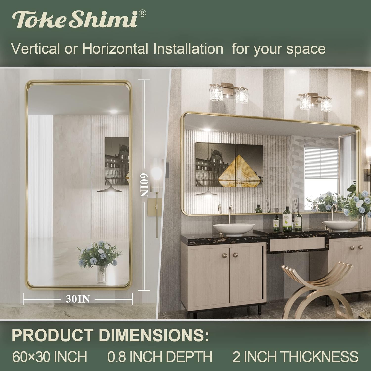 Open Box – TokeShimi Modern Metal Frame Bathroom Vanity Wall Mirror - 60x30 - Gold