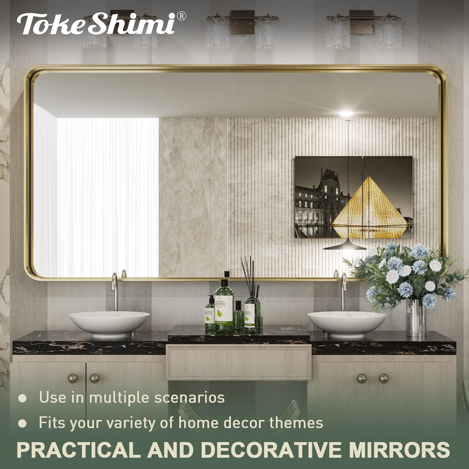 Open Box – TokeShimi Modern Metal Frame Bathroom Vanity Wall Mirror - 60x30 - Gold
