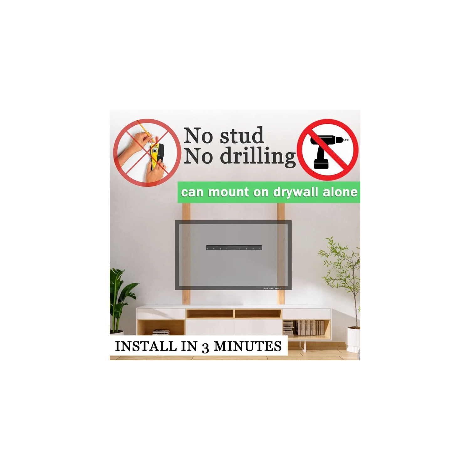 No Stud TV Wall Mount for 12-55 Inch TVs | Studless, No Drill, No Screws, Easy Install Bar Bracket, Holds up to 99 lbs, Includes Level