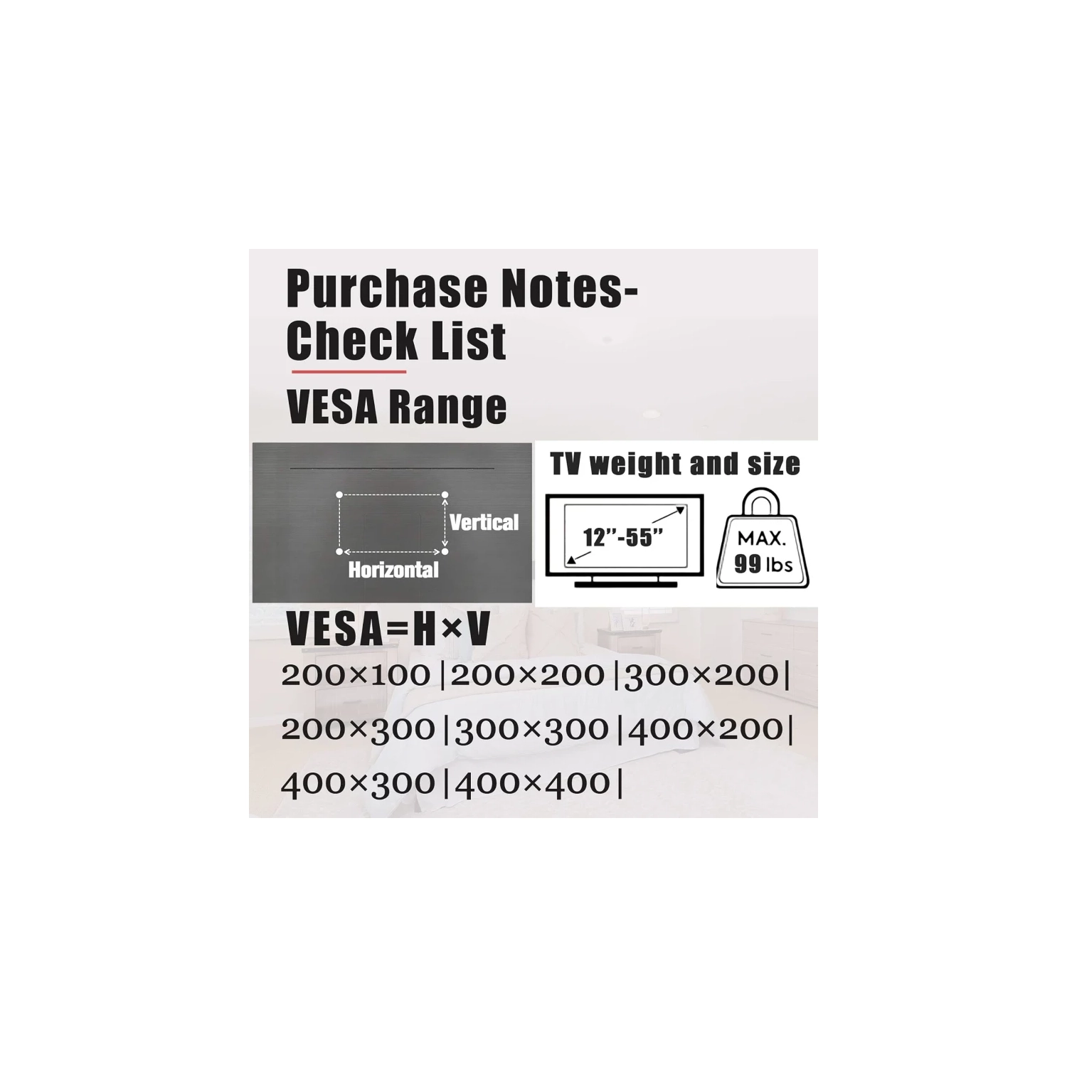 No Stud TV Wall Mount for 12-55 Inch TVs | Studless, No Drill, No Screws, Easy Install Bar Bracket, Holds up to 99 lbs, Includes Level