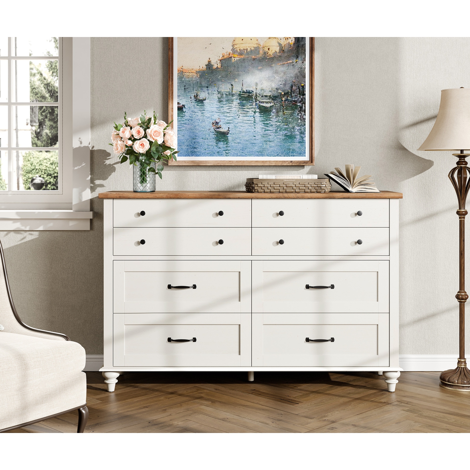 WAMPAT 8 Drawer Dresser for Bedroom, Mid Century Chest of Drawers Wooden Kids Dresser with Distressed Surface for Living Room, Off White, 54 Inch