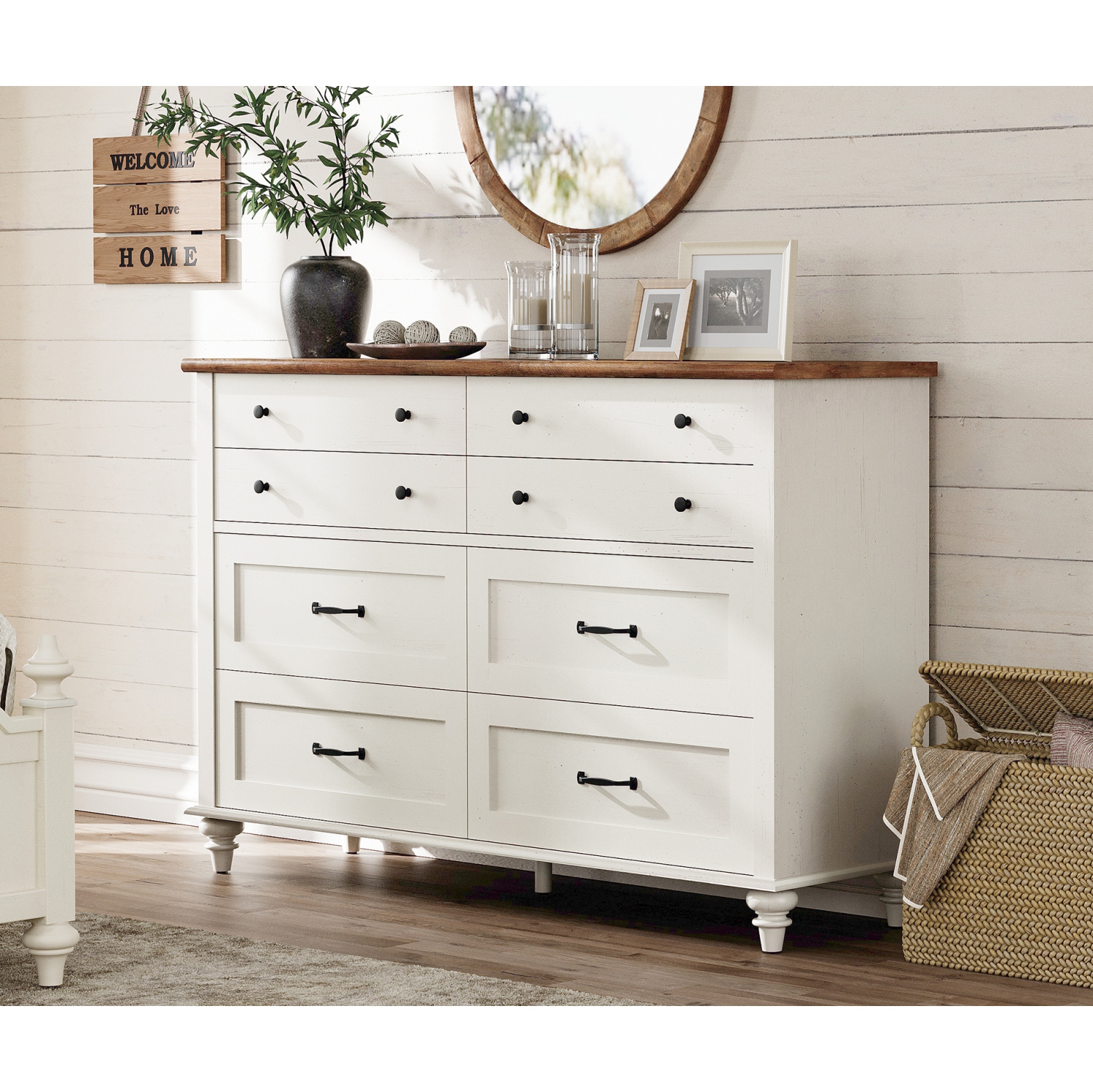 WAMPAT 8 Drawer Dresser for Bedroom, Mid Century Chest of Drawers Wooden Kids Dresser with Distressed Surface for Living Room, Off White, 54 Inch