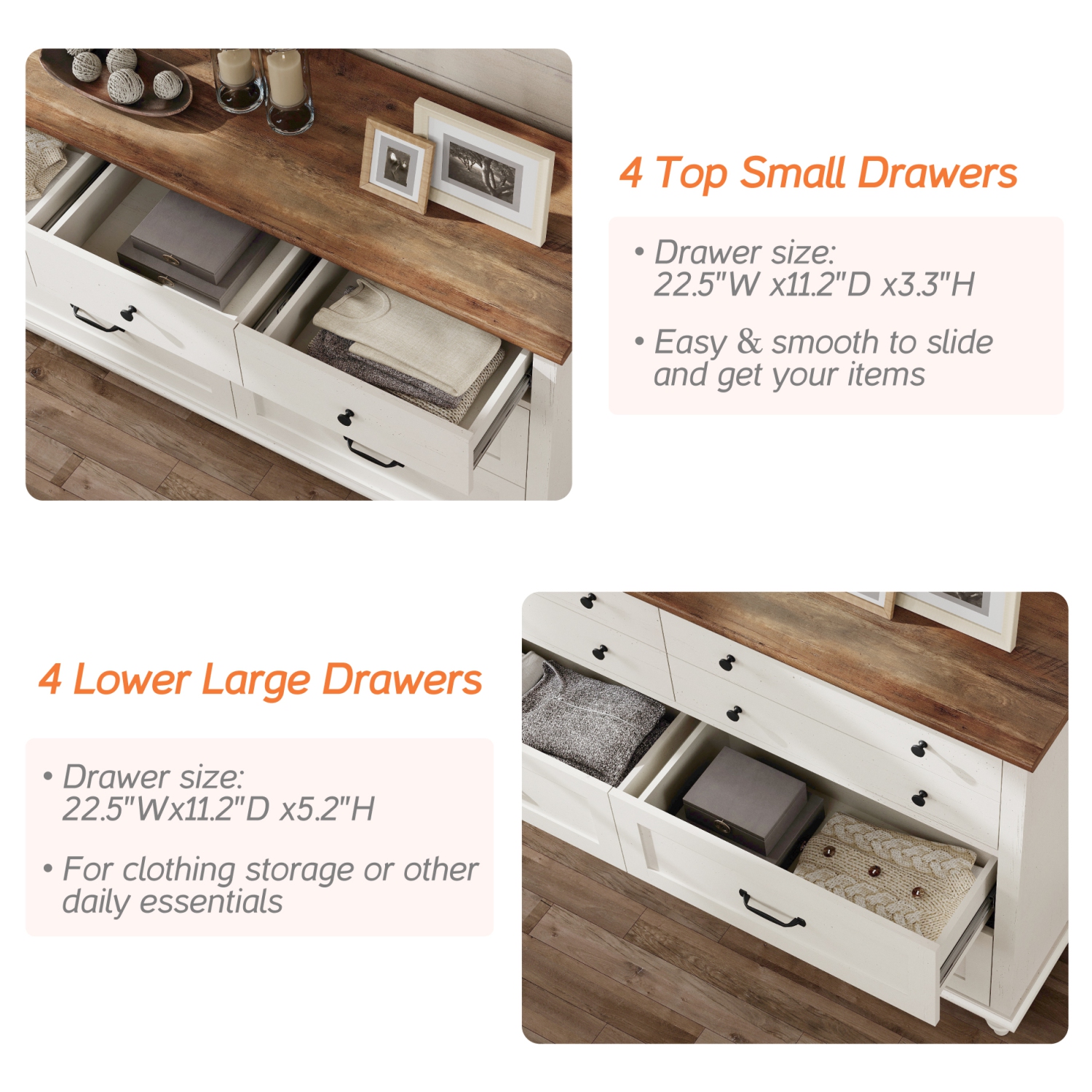 WAMPAT 8 Drawer Dresser for Bedroom, Mid Century Chest of Drawers Wooden Kids Dresser with Distressed Surface for Living Room, Off White, 54 Inch