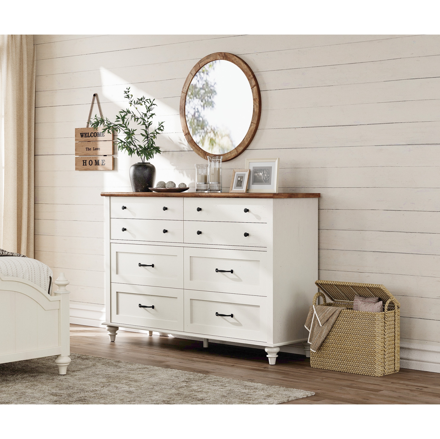 WAMPAT 8 Drawer Dresser for Bedroom, Mid Century Chest of Drawers Wooden Kids Dresser with Distressed Surface for Living Room, Off White, 54 Inch