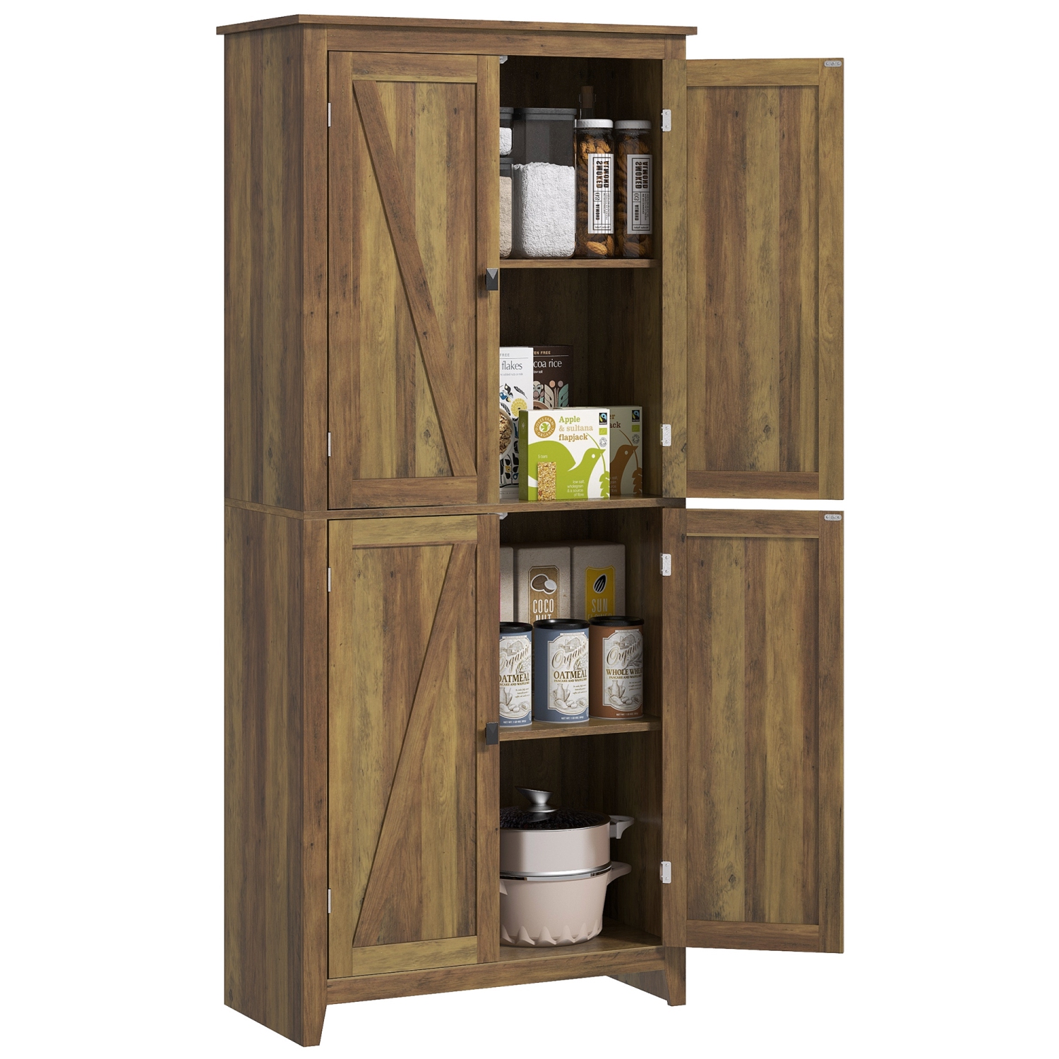 HOMCOM – Armoire garde-manger de cuisine Farmhouse de 72&nbsp;po, armoire de rangement avec 4 portes de grange et tablettes réglables, brun