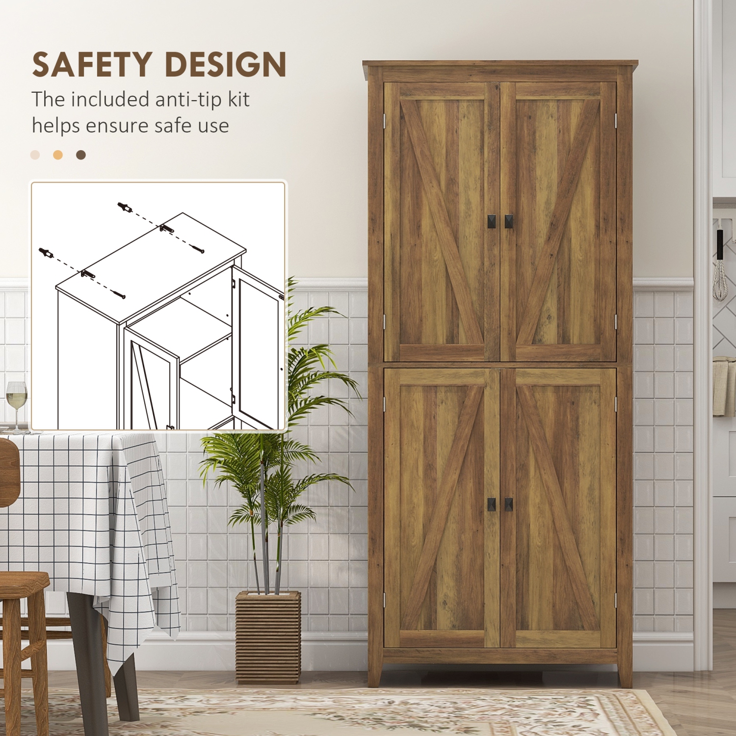 HOMCOM – Armoire garde-manger de cuisine Farmhouse de 72 po, armoire de rangement avec 4 portes de grange et tablettes réglables, brun