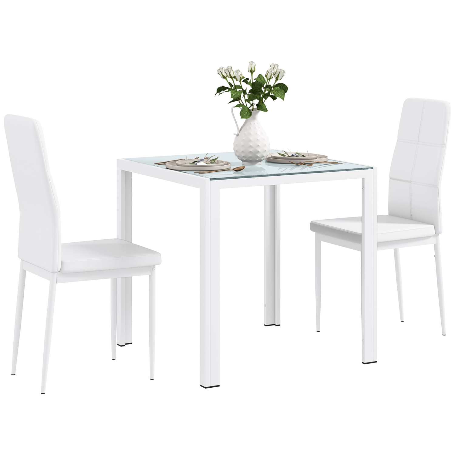 HOMCOM – Ensemble table de salle à manger pour 2, 3 pièces, table de cuisine rectangulaire en verre et chaises avec cadre en métal et revêtement en