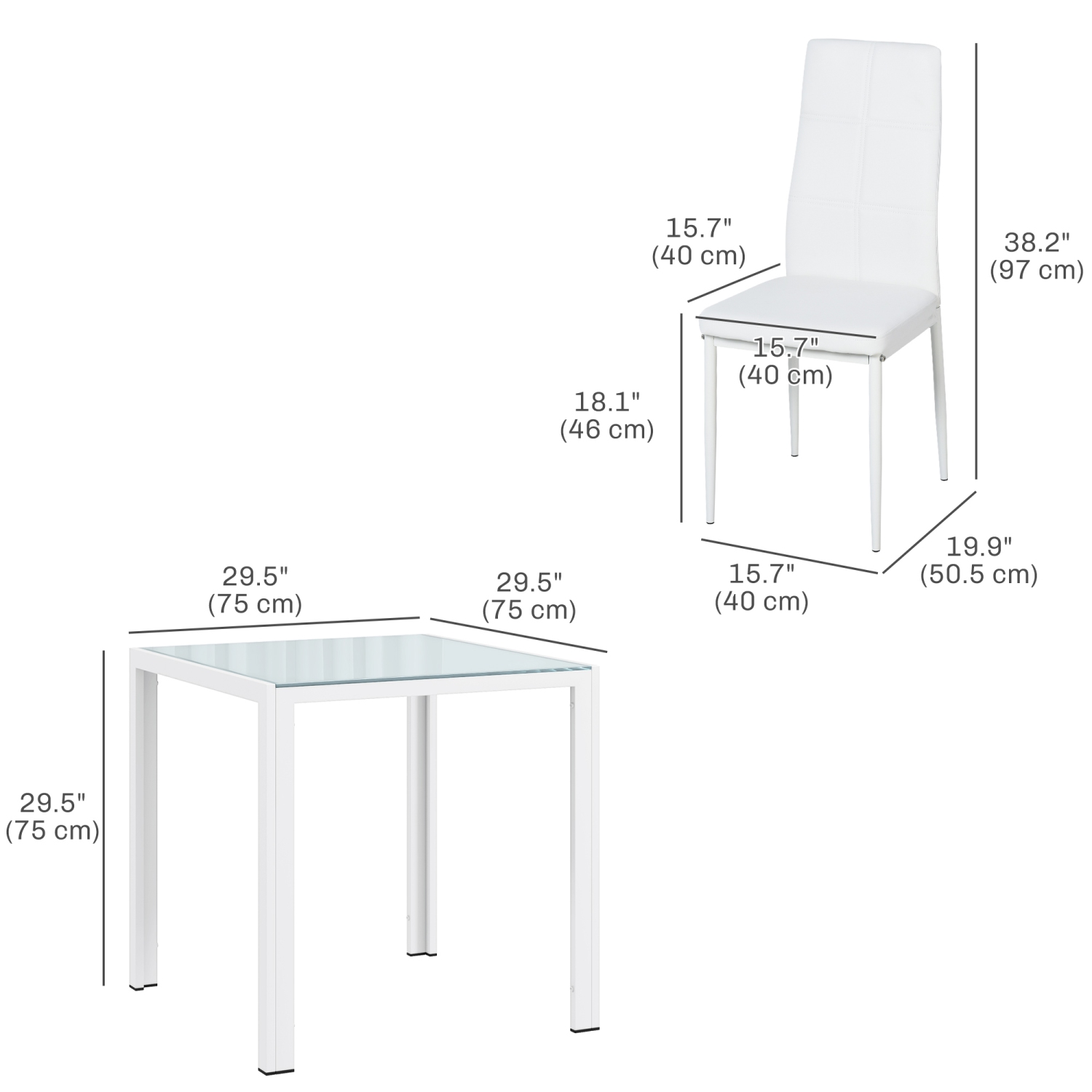 HOMCOM – Ensemble table de salle à manger pour 2, 3 pièces, table de cuisine rectangulaire en verre et chaises avec cadre en métal et revêtement en
