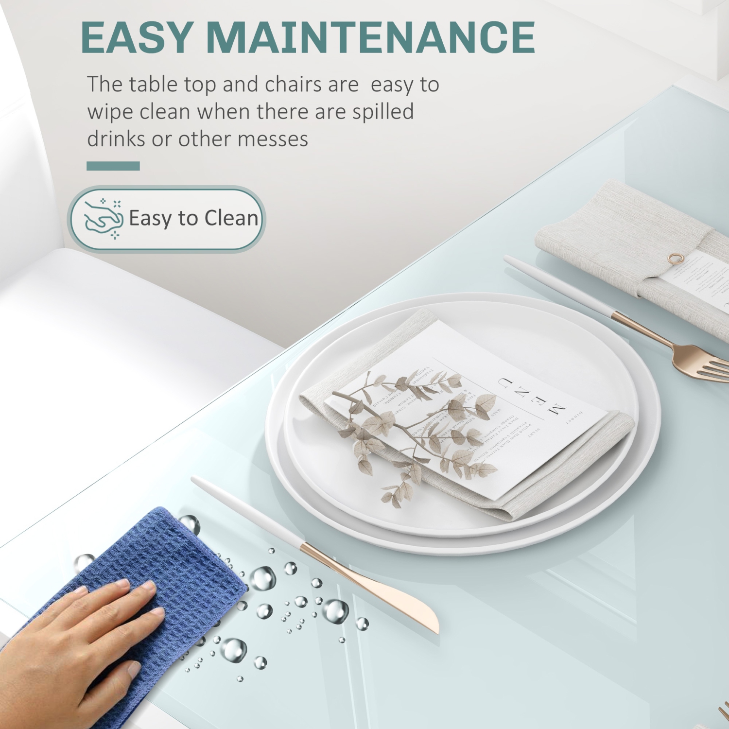 HOMCOM – Ensemble table de salle à manger pour 2, 3 pièces, table de cuisine rectangulaire en verre et chaises avec cadre en métal et revêtement en