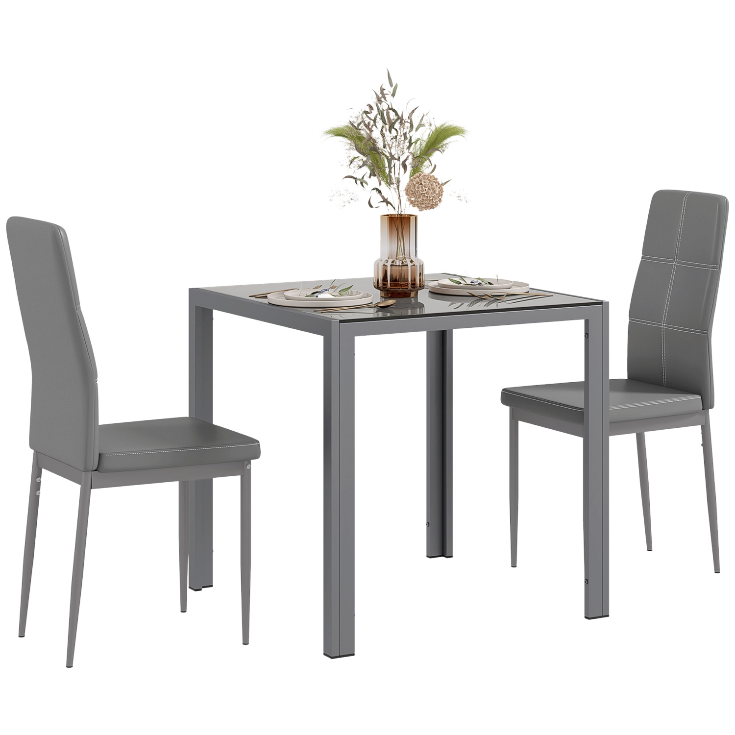 HOMCOM Dining Table Set for 2, 3-Piece Rectangular Glass Kitchen Table and Chairs with Metal Frame and Faux Leather Upholstery for Dining Room,