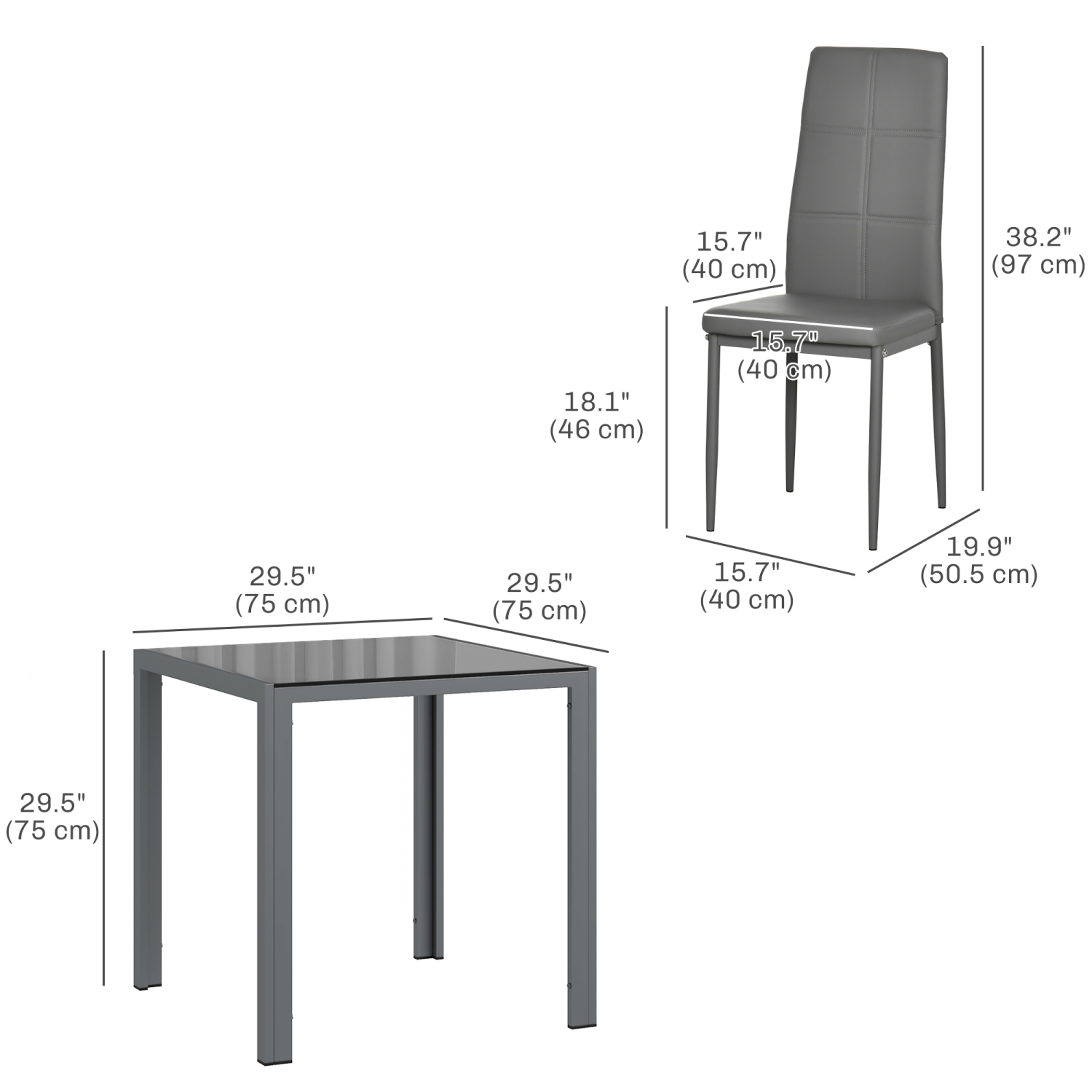 HOMCOM Dining Table Set for 2, 3-Piece Rectangular Glass Kitchen Table and Chairs with Metal Frame and Faux Leather Upholstery for Dining Room,