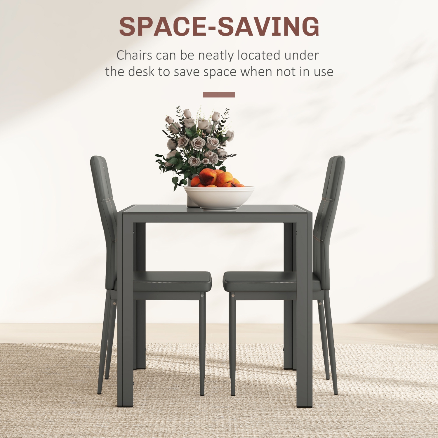 HOMCOM Dining Table Set for 2, 3-Piece Rectangular Glass Kitchen Table and Chairs with Metal Frame and Faux Leather Upholstery for Dining Room,