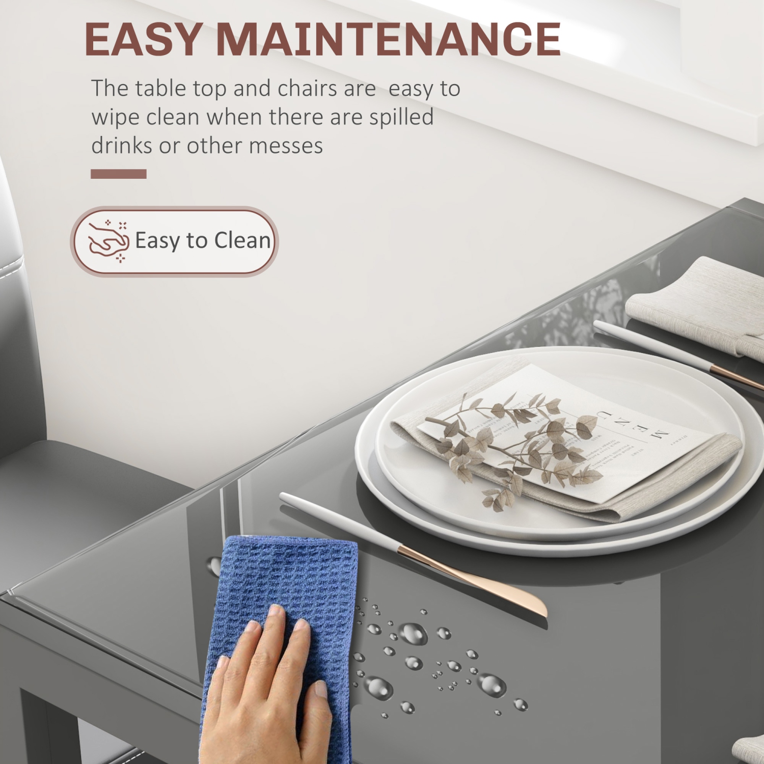 HOMCOM Dining Table Set for 2, 3-Piece Rectangular Glass Kitchen Table and Chairs with Metal Frame and Faux Leather Upholstery for Dining Room,