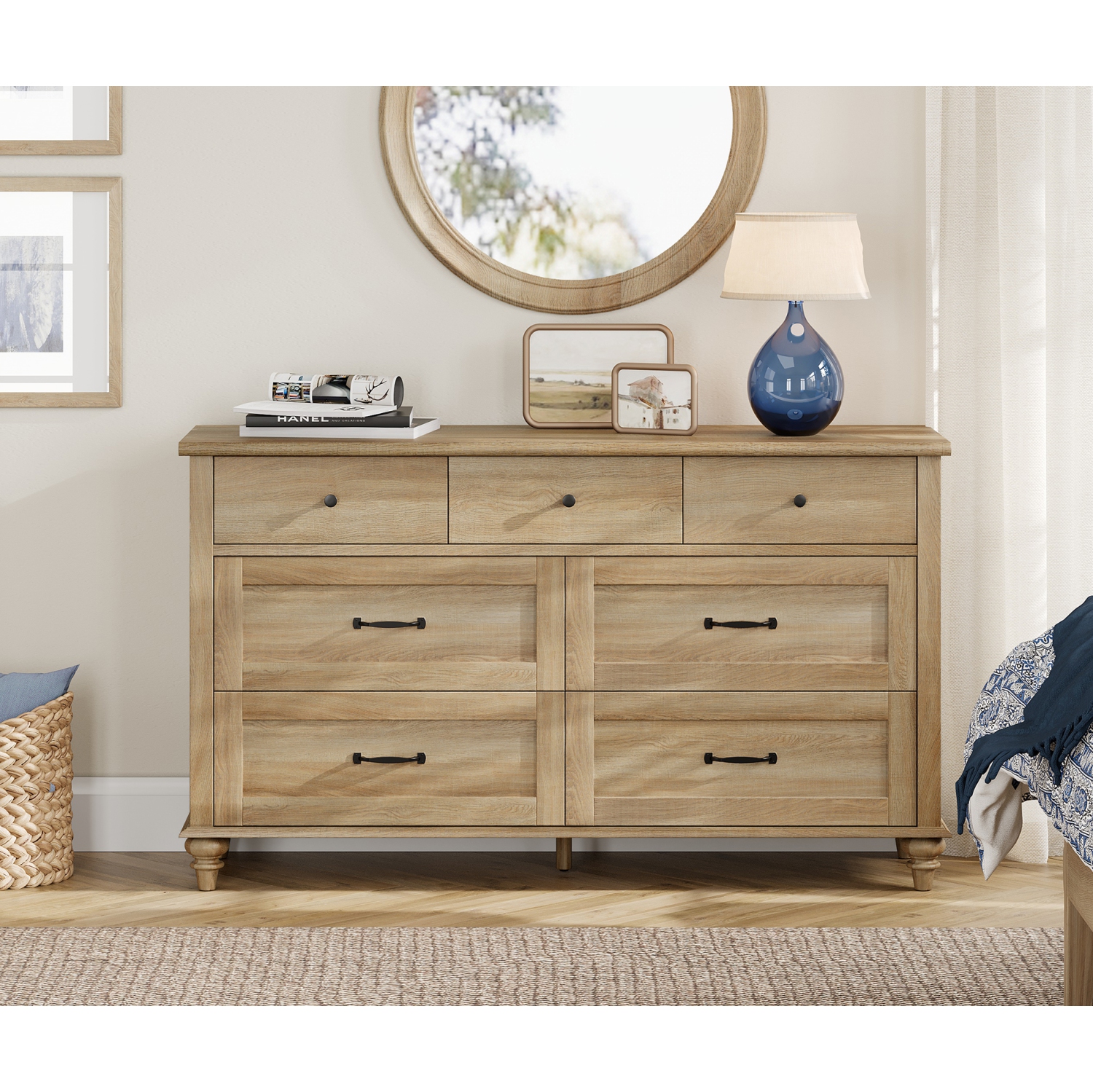 WAMPAT Farmhouse 7 Drawers Dresser for Bedroom, Wide Chest of Drawers Kids Dresser with Solid Wood Legs, Rustic Storage Dressers Organizer for Living