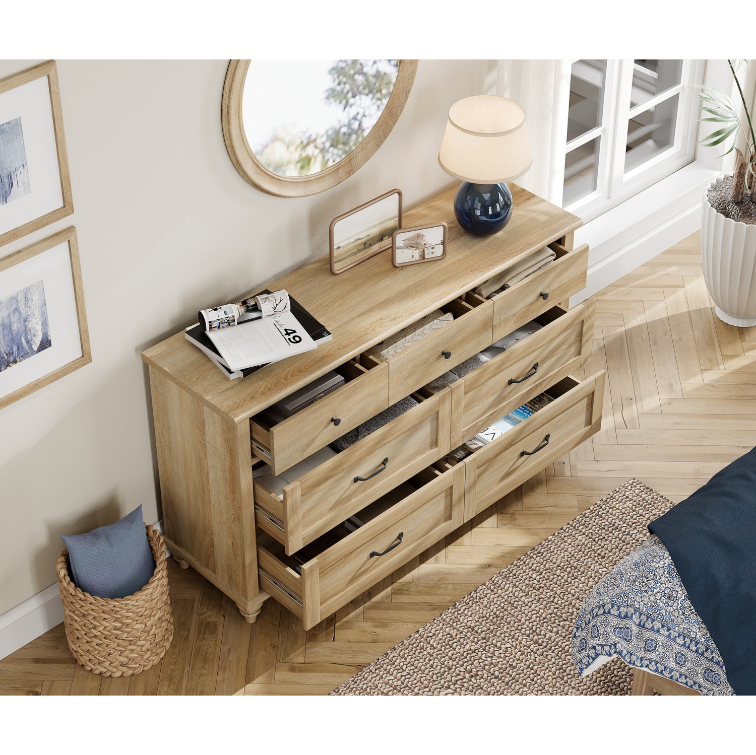 WAMPAT Farmhouse 7 Drawers Dresser for Bedroom, Wide Chest of Drawers Kids Dresser with Solid Wood Legs, Rustic Storage Dressers Organizer for Living