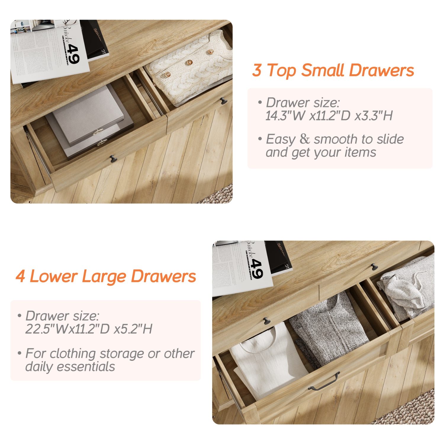 WAMPAT Farmhouse 7 Drawers Dresser for Bedroom, Wide Chest of Drawers Kids Dresser with Solid Wood Legs, Rustic Storage Dressers Organizer for Living