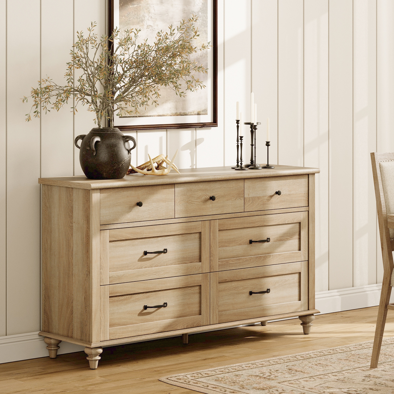 WAMPAT Farmhouse 7 Drawers Dresser for Bedroom, Wide Chest of Drawers Kids Dresser with Solid Wood Legs, Rustic Storage Dressers Organizer for Living