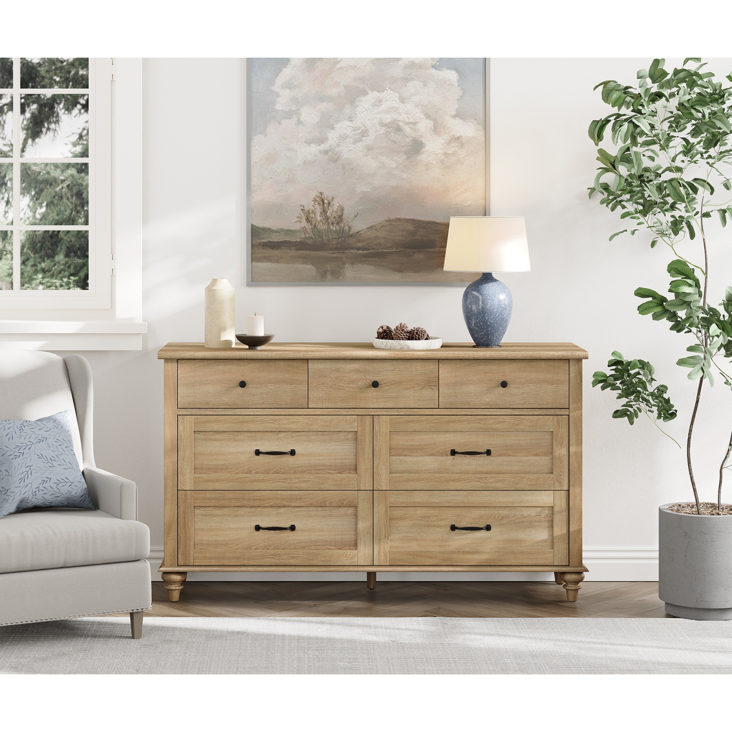 WAMPAT Farmhouse 7 Drawers Dresser for Bedroom, Wide Chest of Drawers Kids Dresser with Solid Wood Legs, Rustic Storage Dressers Organizer for Living