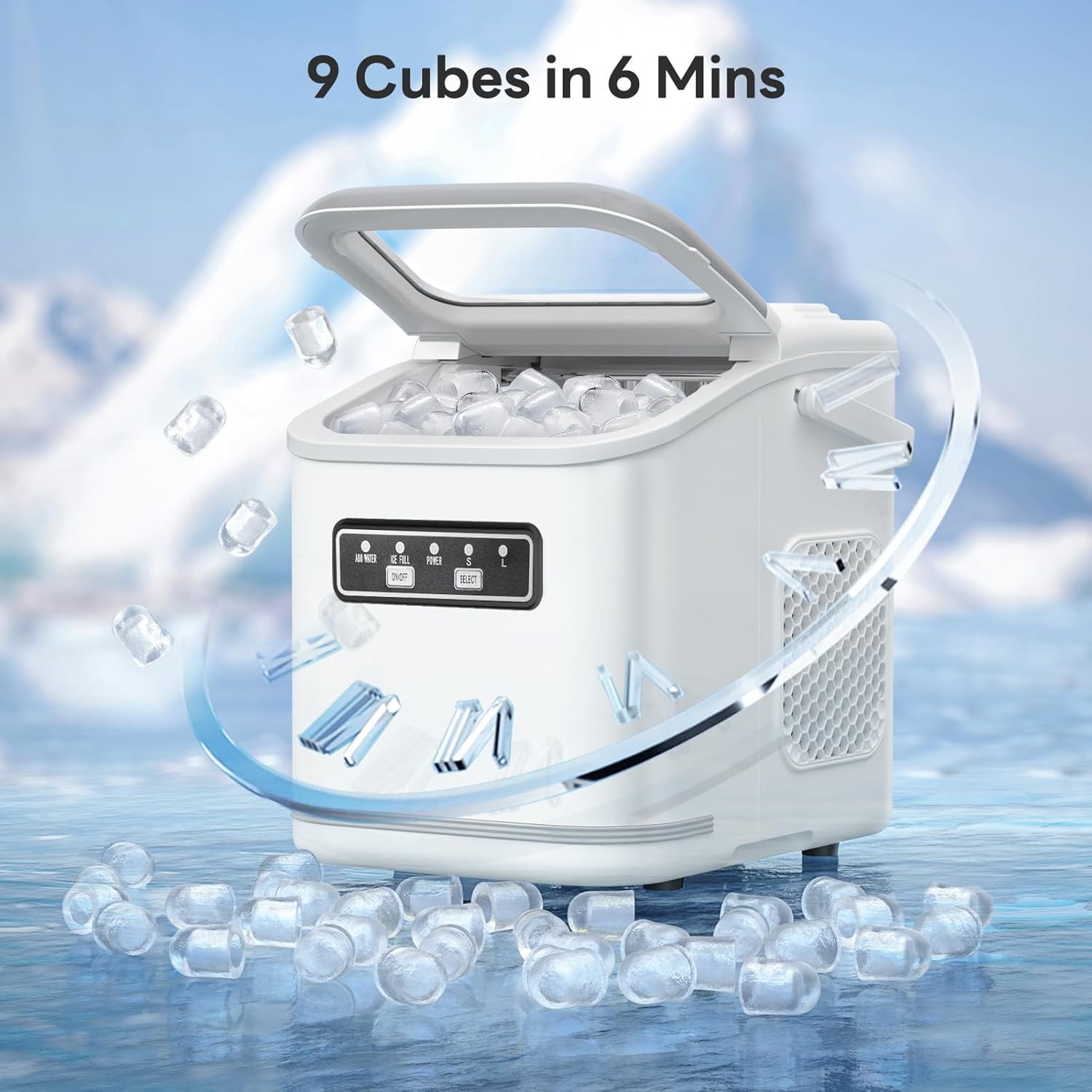 ZAFRO Portable Ice Maker Machine Countertop Small Compact Mini Bullet Ice Maker, Self Cleaning, 2 Size of Bullet ice Cubes, 9 Cubes in 6 Mins, Good