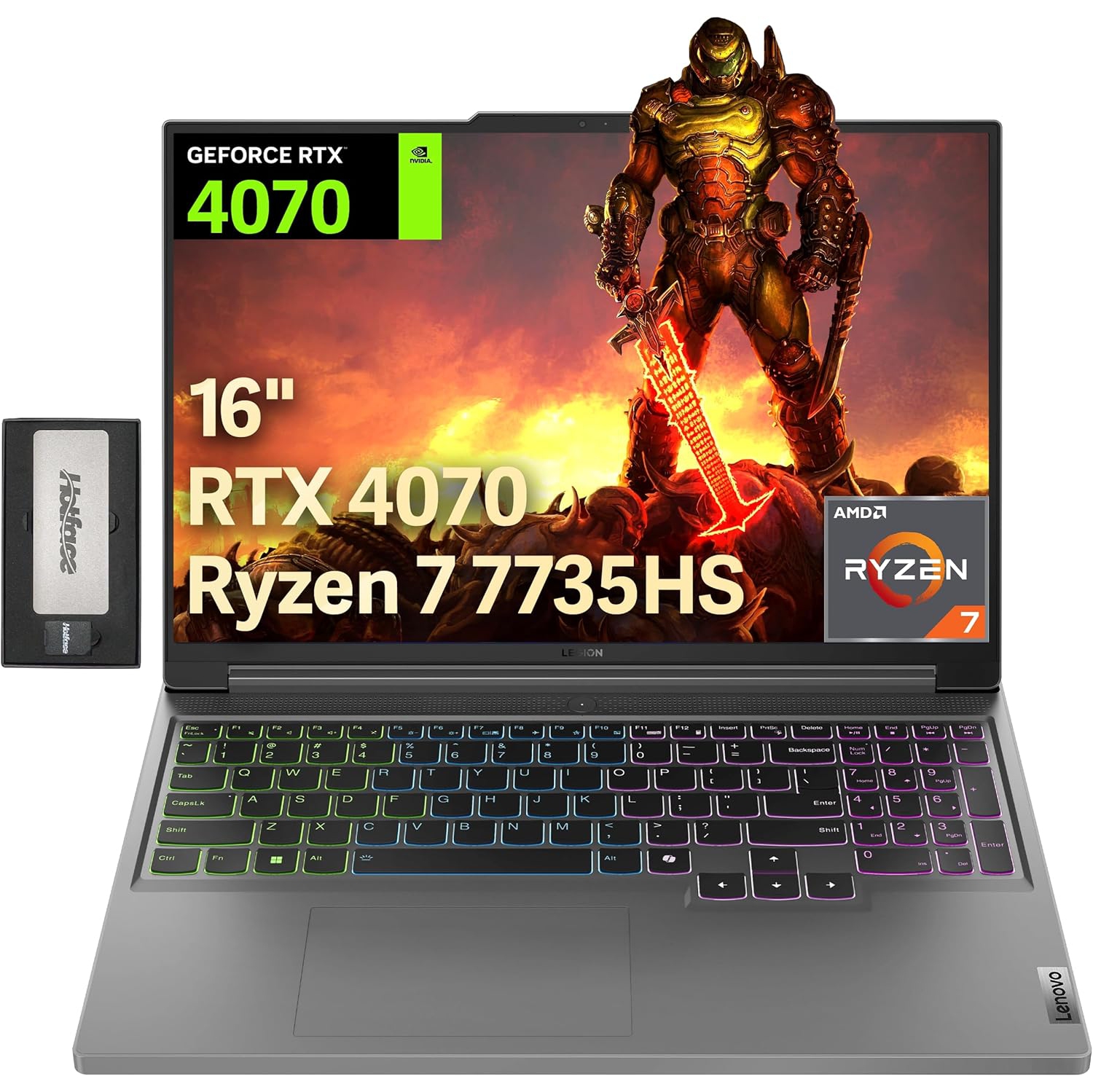 Lenovo Legion Slim 5 16" 165Hz WQXGA Gaming Laptop, AMD Ryzen 7-7735HS, GeForce RTX 4070 8GB, 1TB SSD, 32GB DDR5, RGB Keyboard, WiFi 6E, Win 11 Pro, Gray, 256GB Docking Station Set