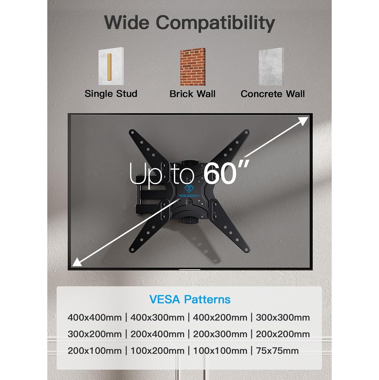 Support mural articulé PERLESMITH pour téléviseur de 32 à 65&nbsp;po