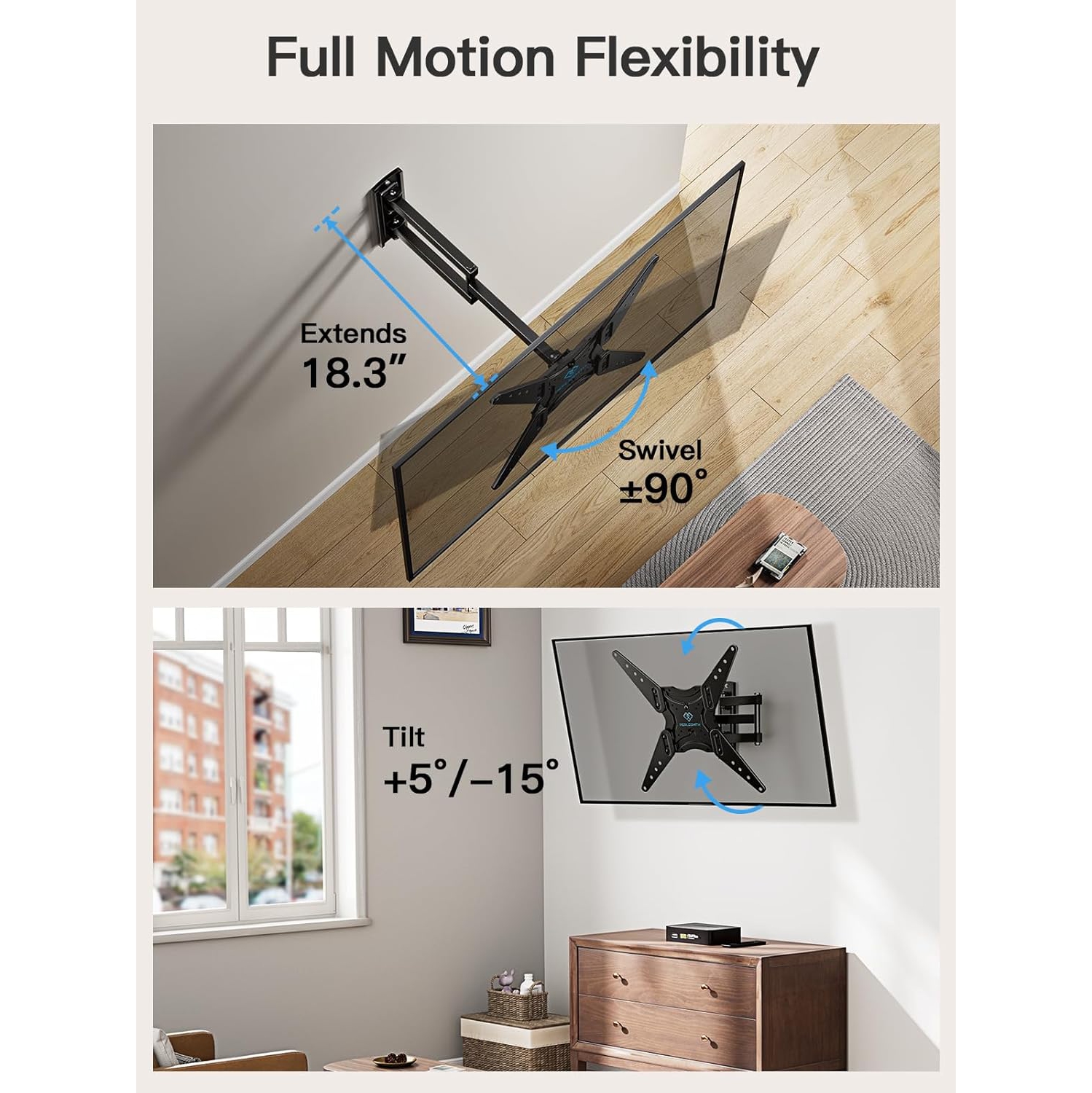 Support mural articulé PERLESMITH pour téléviseur de 32 à 65&nbsp;po