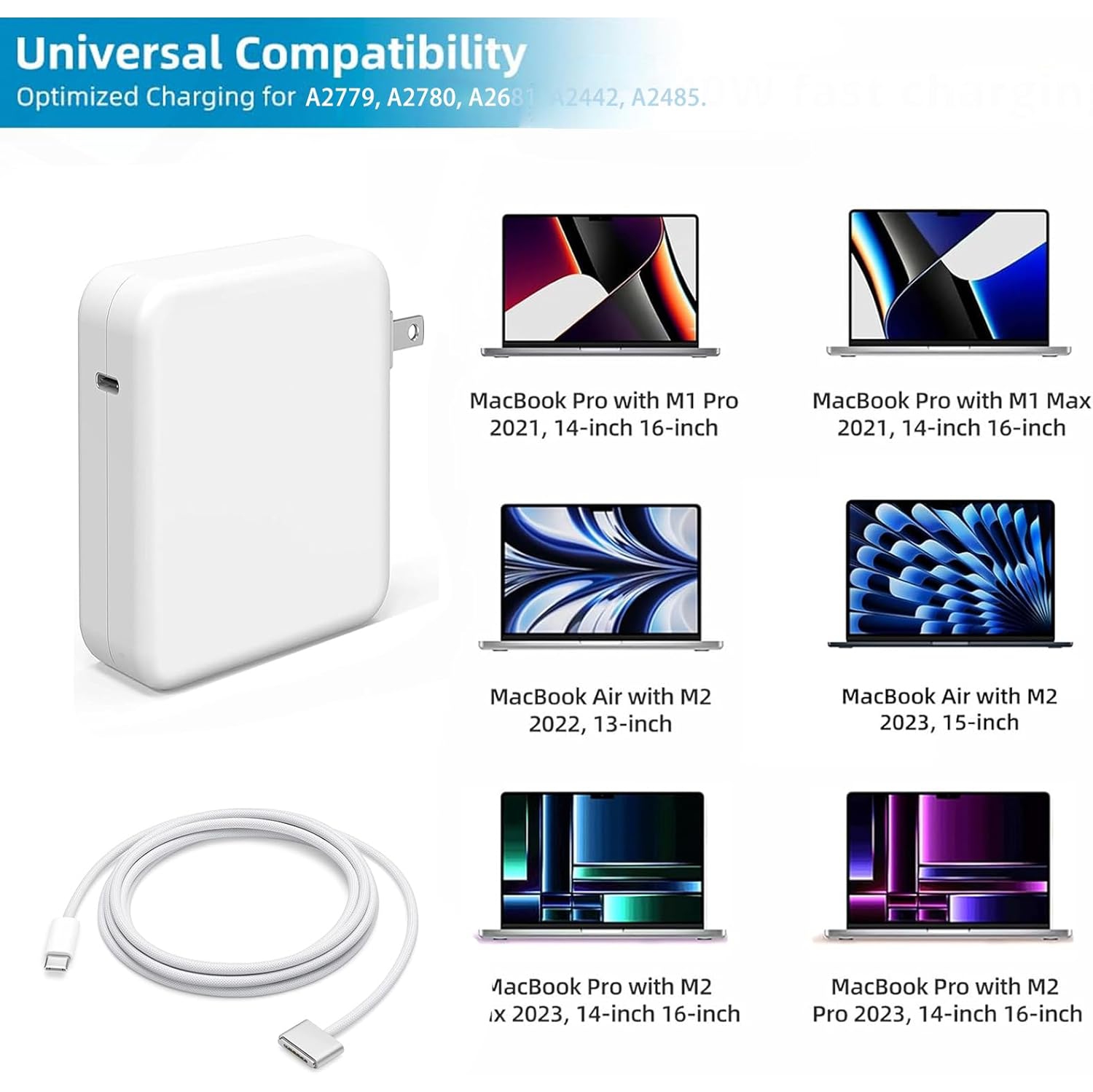 140W USB-C Power Adapter + USB-C to Magnetic 3 Cable, Compatible with Mac Book Pro/Air 2021-2023(M1,M2,M3 14-16inch)- Nylon Braided 6.6 Ft