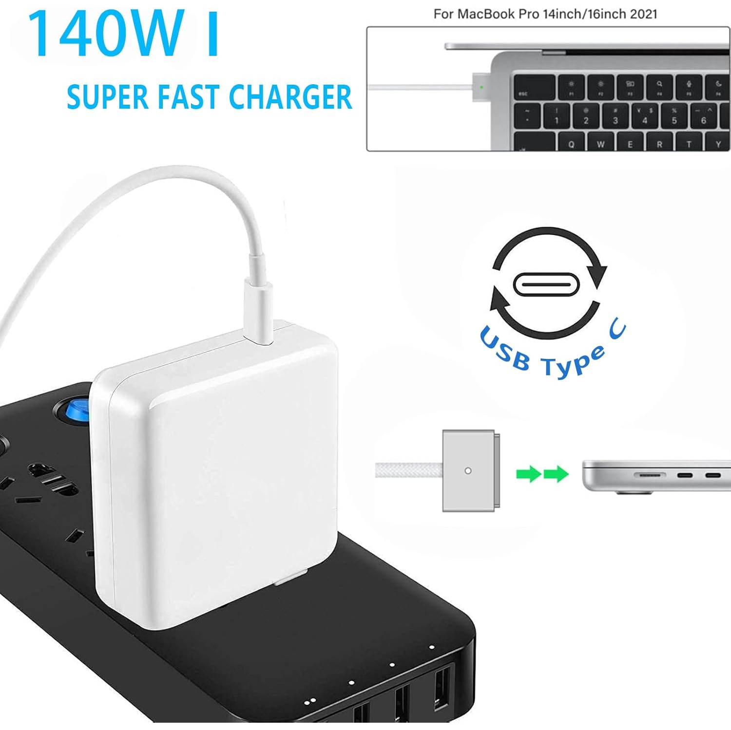 140W USB-C Power Adapter + USB-C to Magnetic 3 Cable, Compatible with Mac Book Pro/Air 2021-2023(M1,M2,M3 14-16inch)- Nylon Braided 6.6 Ft