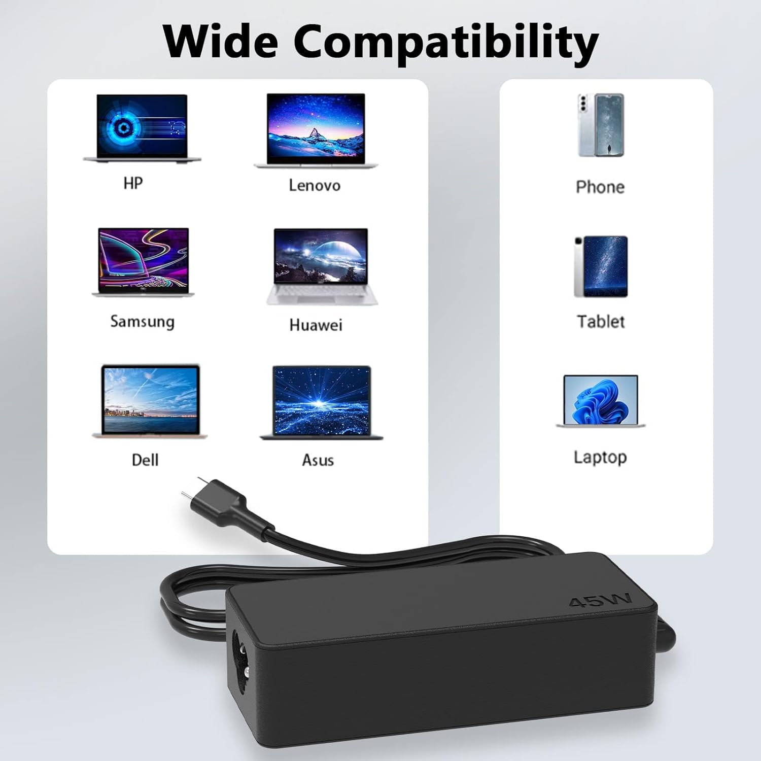 45W USB-C Chrome Book. Laptop Charger for HP Chromebook X360 14 11 11A 12, for Lenovo Acer Google Asus Samsung ct-x636f USBC Type C Computer Power