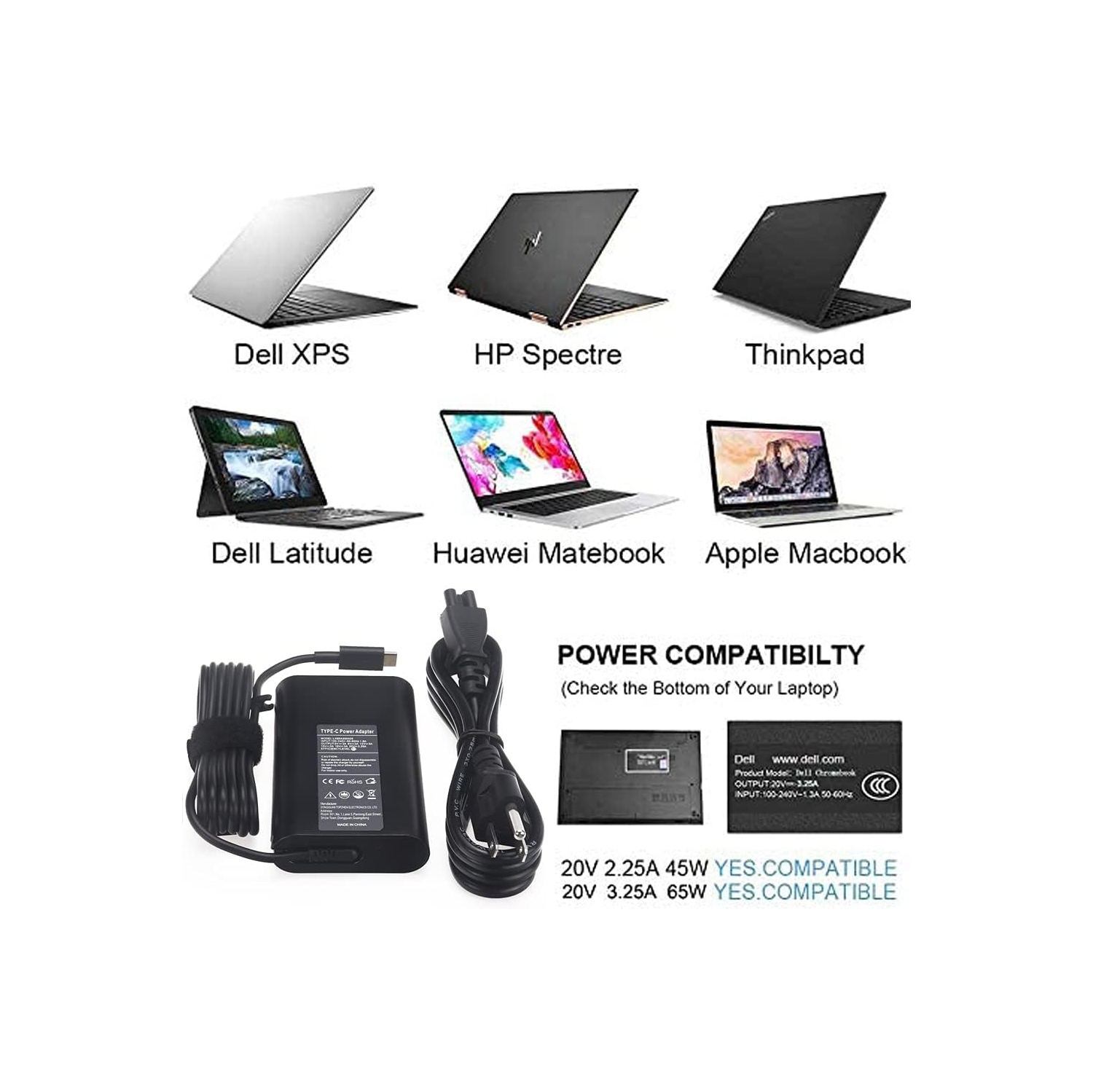 Universal 65W 45W USB C Charger for Dell Latitude 5420 5520 5530 5540 5440 5285 3540 3440 5430 7420 7430 7440 7390 7275 Dell XPS 12 13 9250 9420