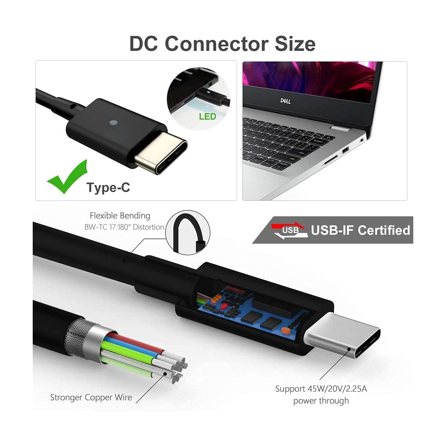 Universal 65W 45W USB C Charger for Dell Latitude 5420 5520 5530 5540 5440 5285 3540 3440 5430 7420 7430 7440 7390 7275 Dell XPS 12 13 9250 9420