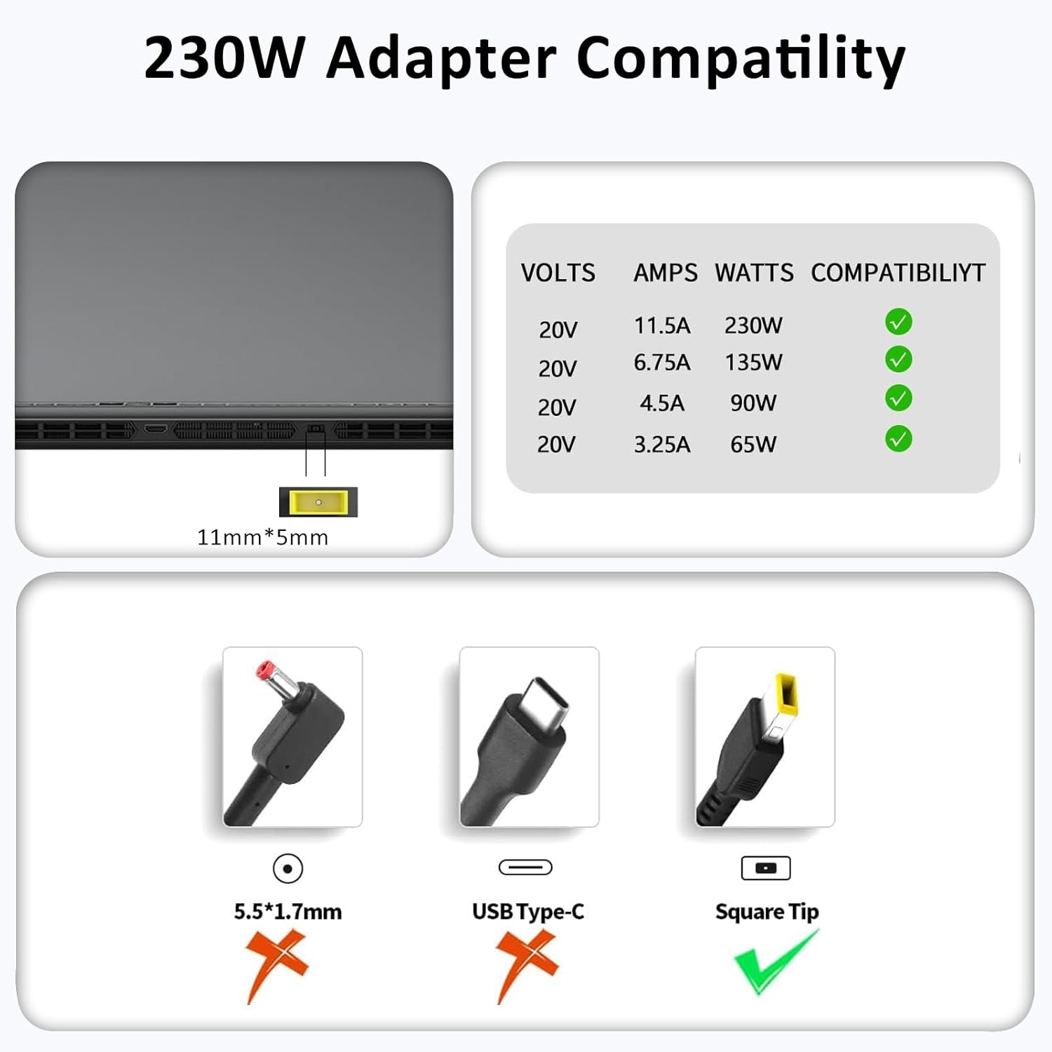 Chargeur de portable de 230&nbsp;W pour chargeur Legion 5 de Lenovo, Legion 7 5P C7 S7 Y540 Y545 Y740 Y730 Y900 Y910 Y920 Y7000 Thinkpad P1 P73 P53