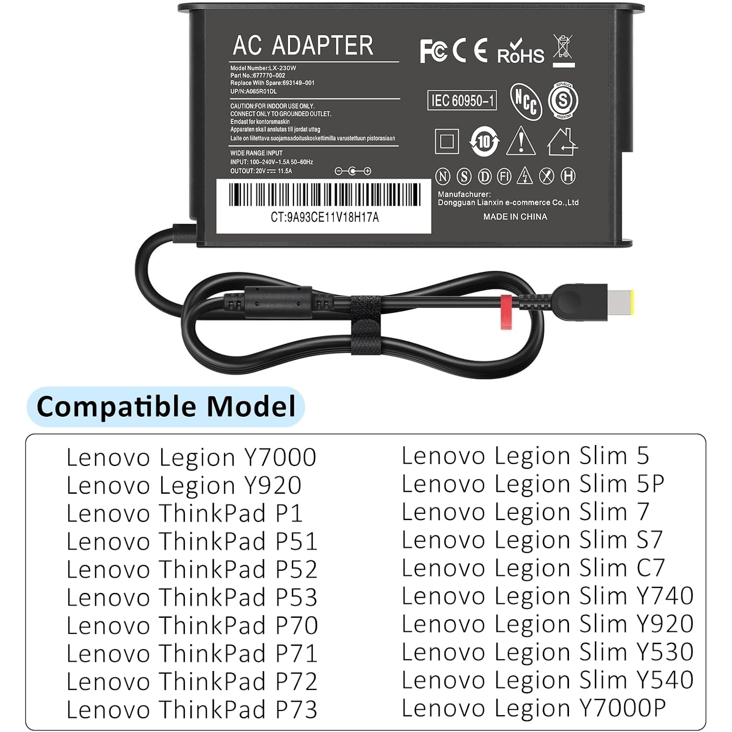Chargeur de portable de 230&nbsp;W pour chargeur Legion 5 de Lenovo, Legion 7 5P C7 S7 Y540 Y545 Y740 Y730 Y900 Y910 Y920 Y7000 Thinkpad P1 P73 P53