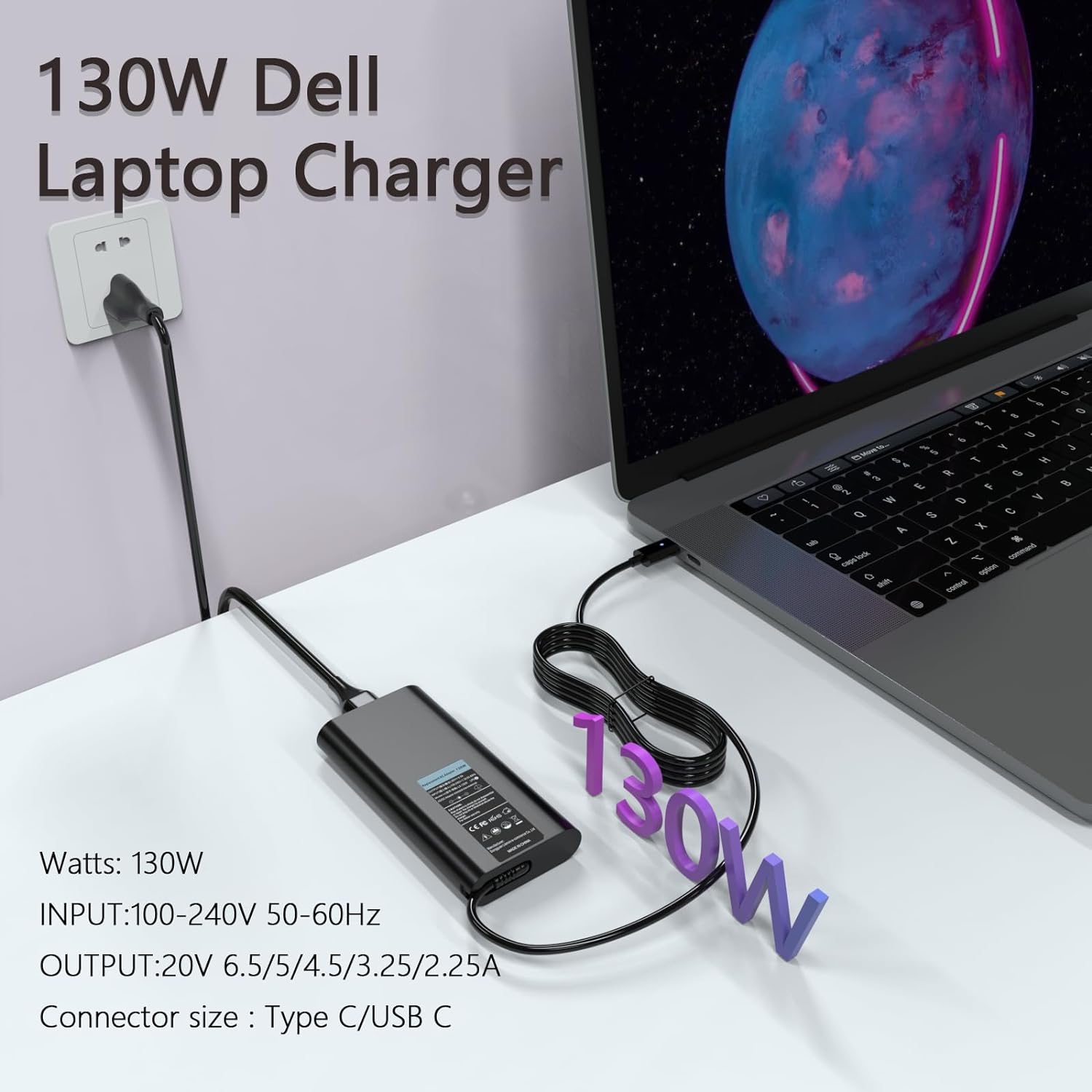 130W USB C Laptop Charger for Dell Precision 5770 5760 5750 5570 3571 5470 3561 3551 3541 5530 5550 3550 3570 3480,XPS 15 9520 9510 17 9720 9710 9700