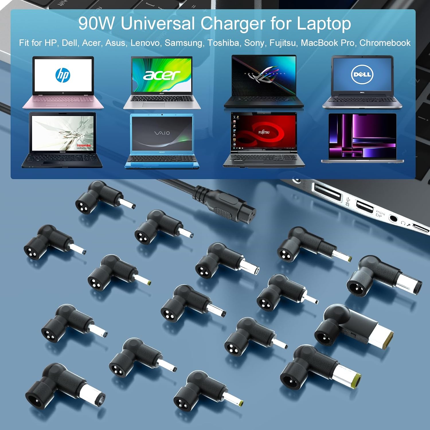 90W 16Tips Universal Laptop Charger - Fit for HP Dell Acer Asus Lenovo Samsung LG IBM Google Toshiba Sony Fujitsu MacBook Pro Gateway Notebook