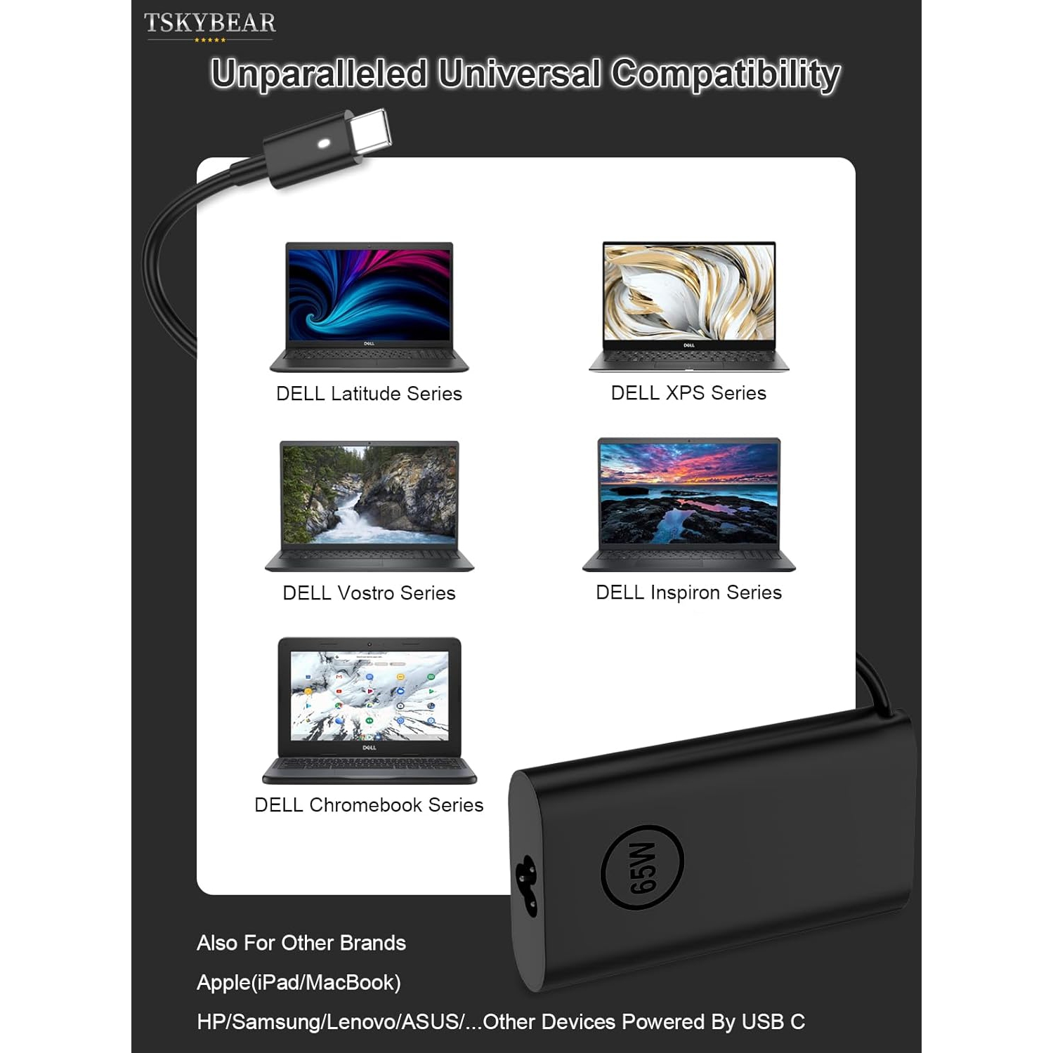 thumbnail image 2 of 65W USB C Laptop Charger For Dell Latitude, XPS, Chromebook - Replacement Type C AC Adapter 2 of 14