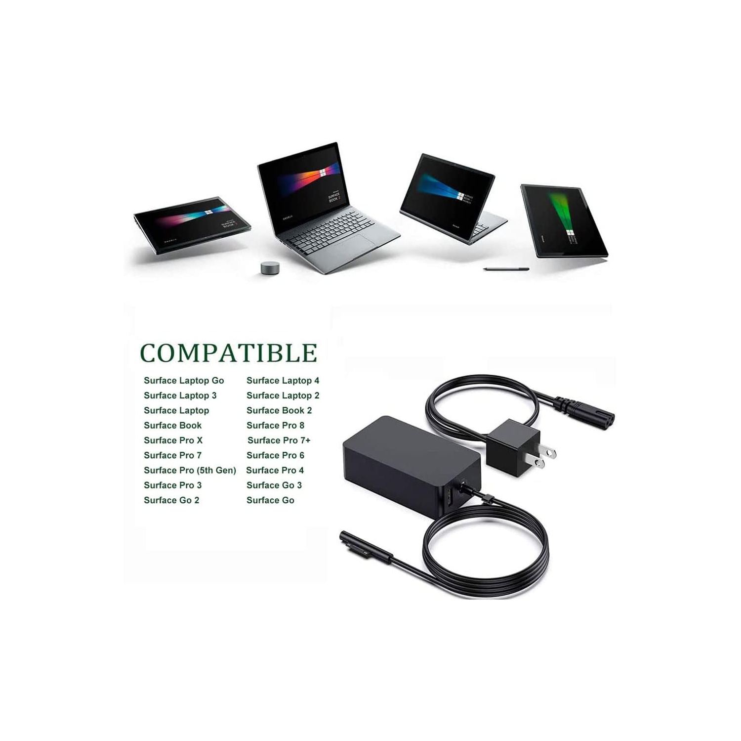 Surface Pro Charger, 65W 15V 4A Power Supply AC Adapter Charger for Microsoft Surface Pro 3/4/5/6/7/8/9/X, Surface Laptop 3/2/1, Surface Book,