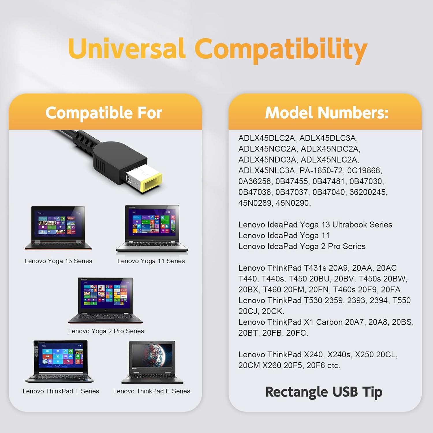 ADLX45DLC3A, ADLX45DLC2A, ADLX45NCC2A, ADLX45NLC2A, ADLX45NLC3A, ADLX45NDC2A, ADLX45NDC3A, PA-1450-12 Laptop Charger for Lenovo ThinkPad, 45W Lenovo
