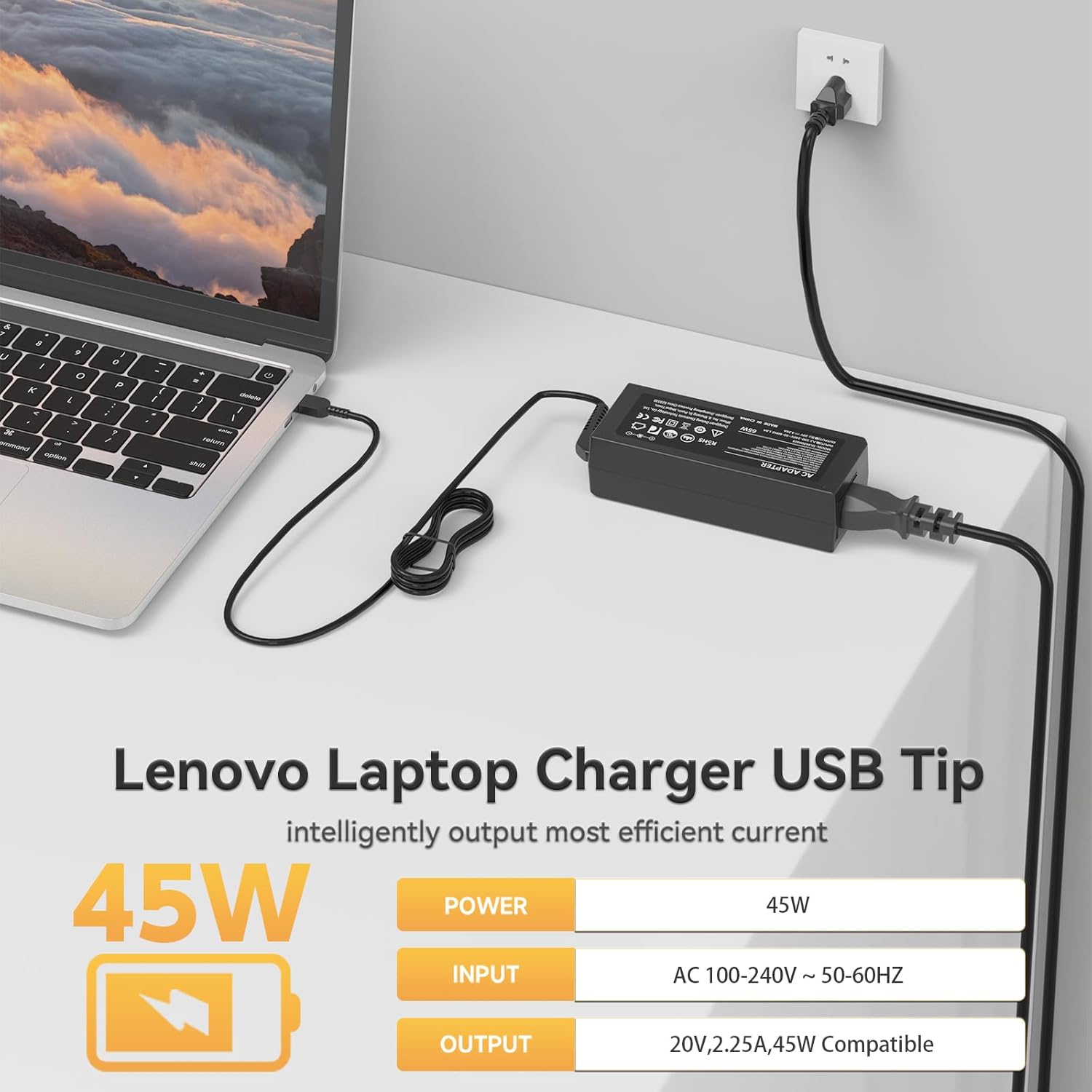 ADLX45DLC3A, ADLX45DLC2A, ADLX45NCC2A, ADLX45NLC2A, ADLX45NLC3A, ADLX45NDC2A, ADLX45NDC3A, PA-1450-12 Laptop Charger for Lenovo ThinkPad, 45W Lenovo