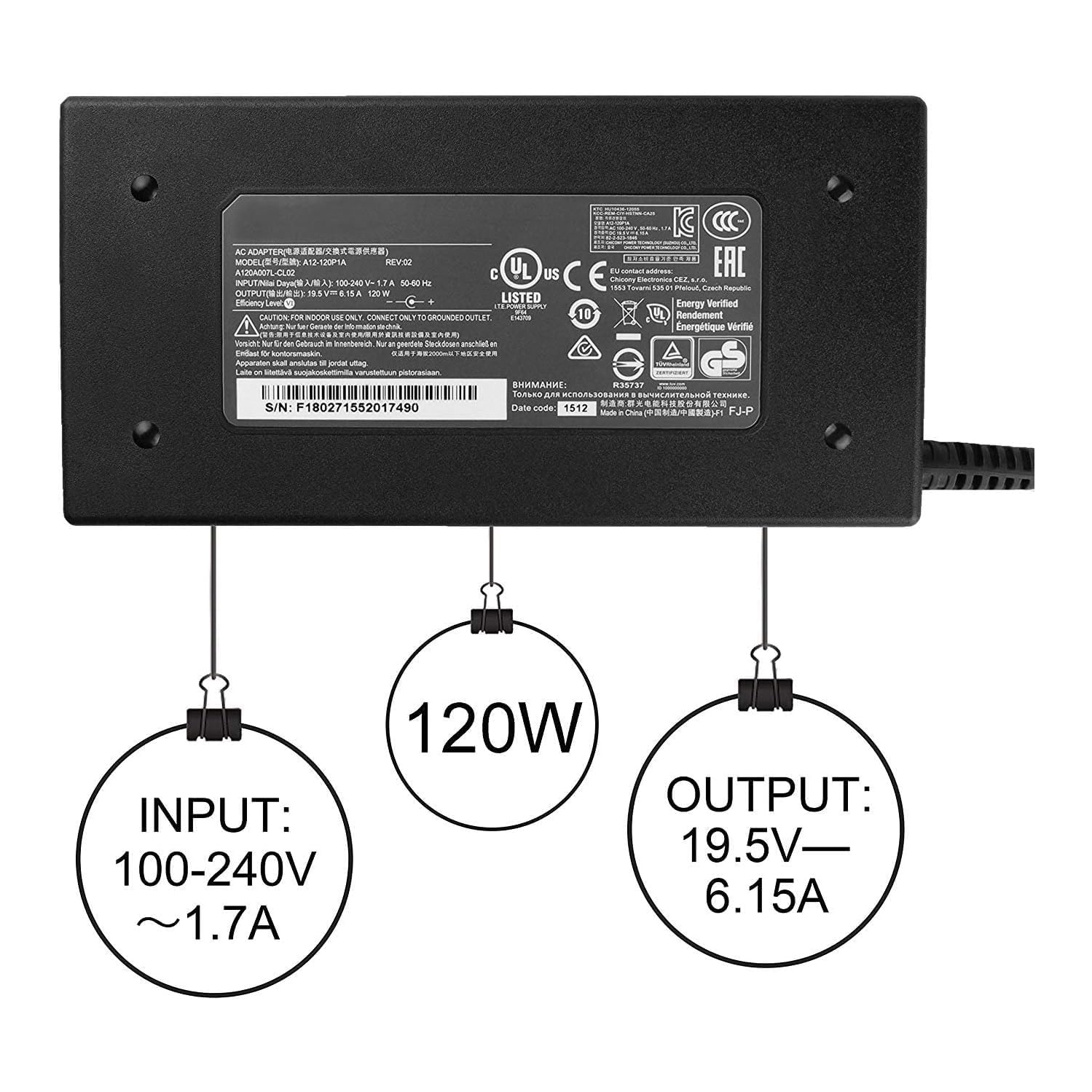 120W Laptop Charger for MSI GE60 GE70 GF63 GP62 GV15 Thin 10SC 11UC MS-16R5 MS-16R7 A12-120P1A A15-120P1A ADP-120MH D adp-120vh d a17-120p2a Chicony