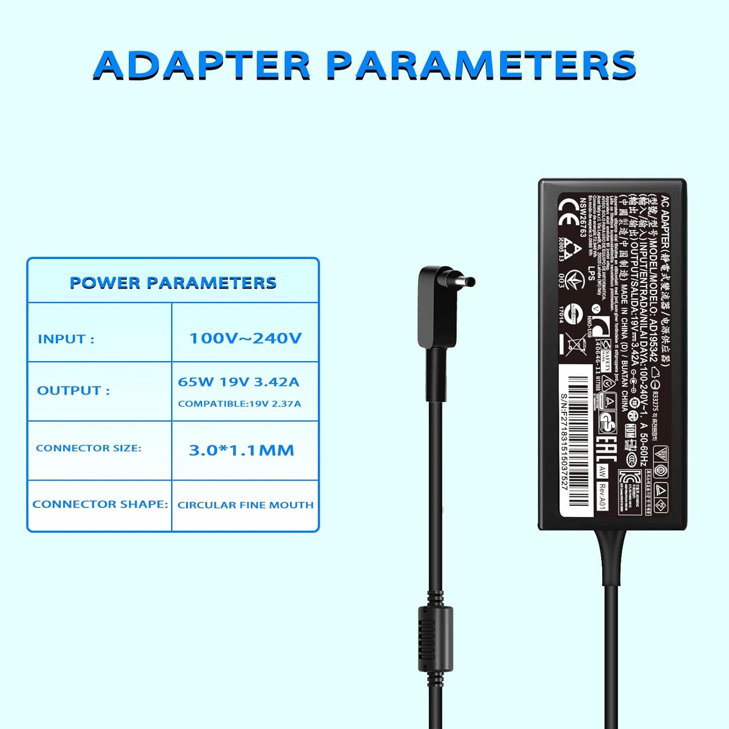 65W AC Adapter Fit for Acer A11-065N1A A18-045N2A N20C5 Chromebook R11 11 13 14 15 C720 C738T CB3 CB3-532 CB3-111 CB3-131 CB3-132 CB3-431 CB3-531 CB5