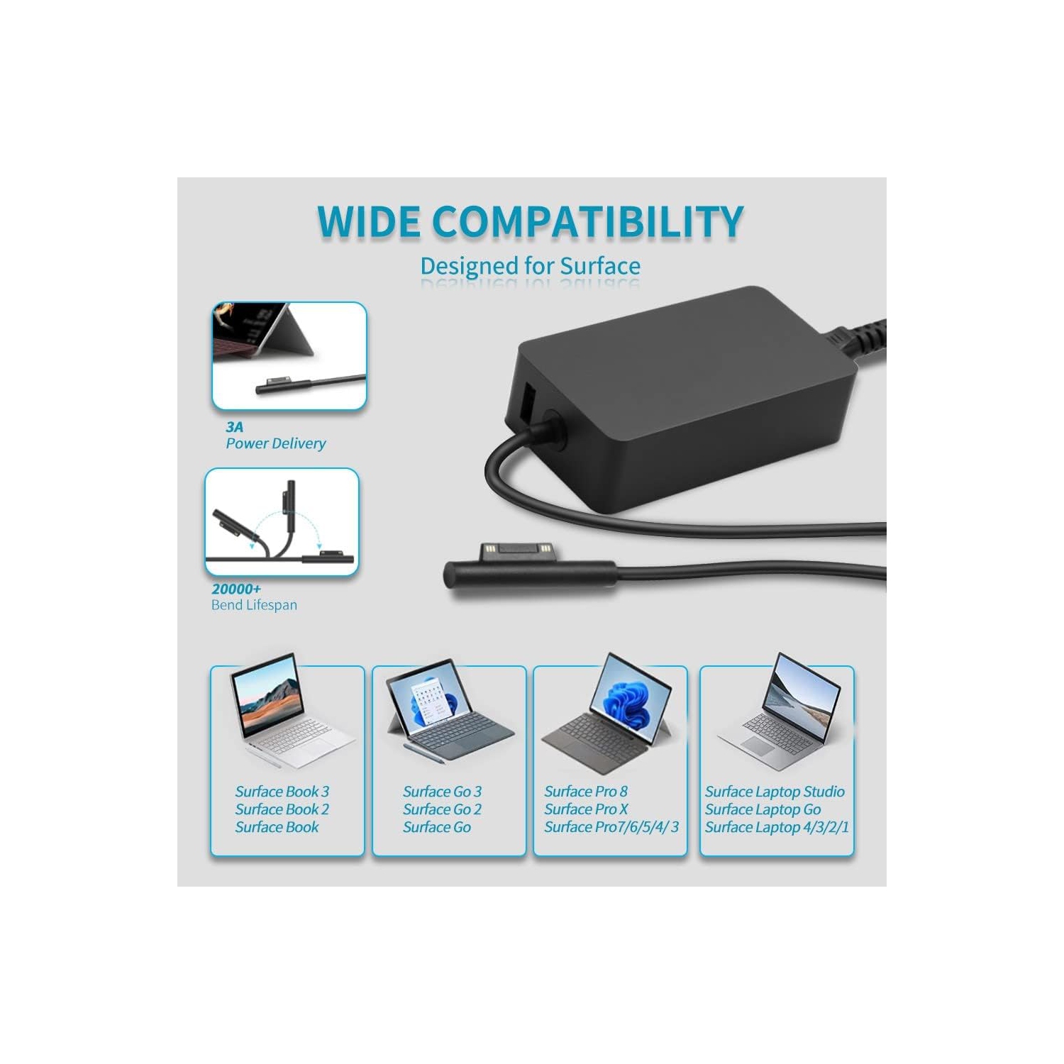 Surface Pro pour Surface Laptop de Microsoft Compatible avec la Surface Pro 3 Pro 4 Pro 5 Pro 6 Pro 7 Pro X Surface Laptop 4, 3, 2, 1; Cordon