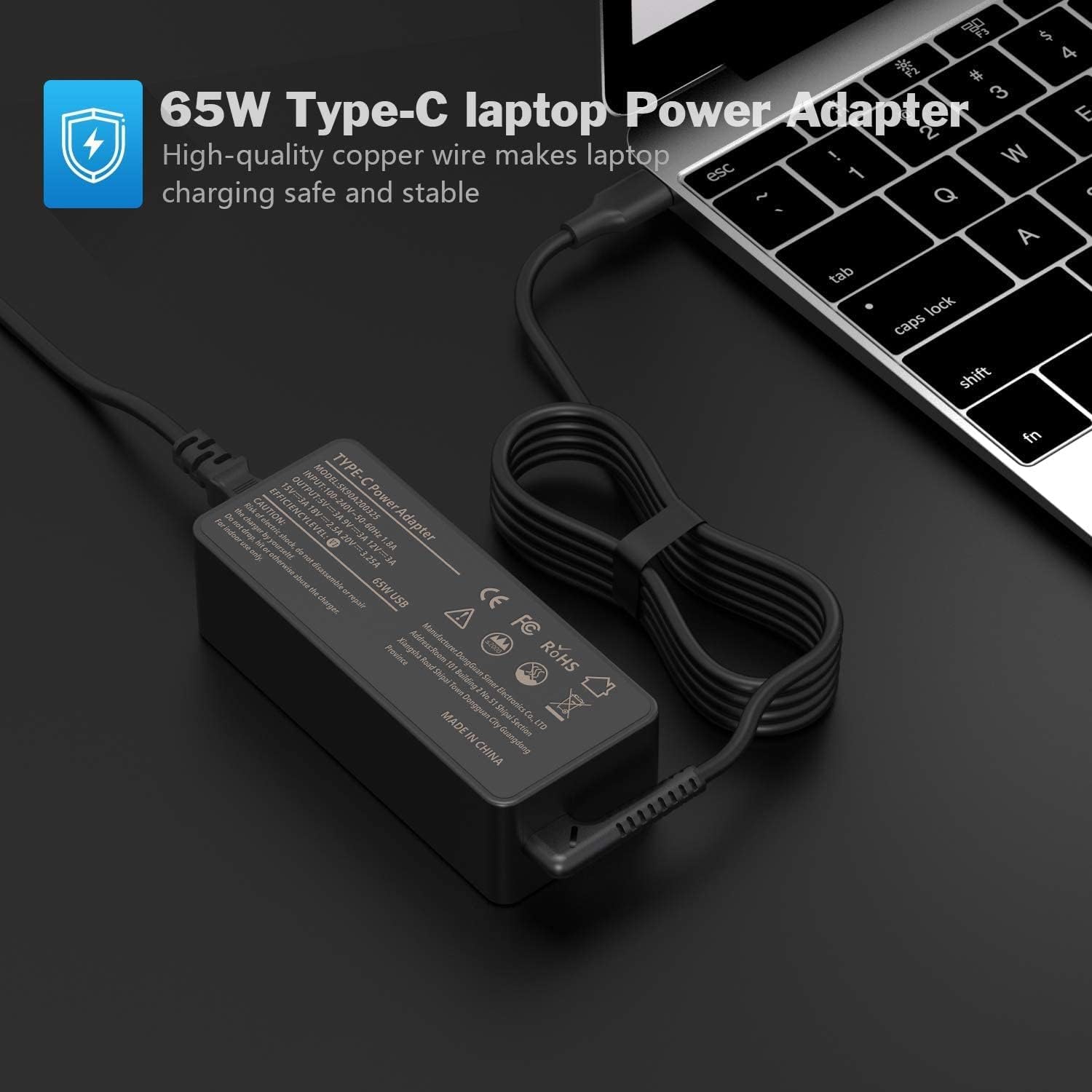 Chargeur USB-C de 65&nbsp;W pour portable de HP; Chromebook Yoga ThinkPad X1 de Lenovo; Mac Book Pro DE DELL avec cordon d'alimentation à chargement