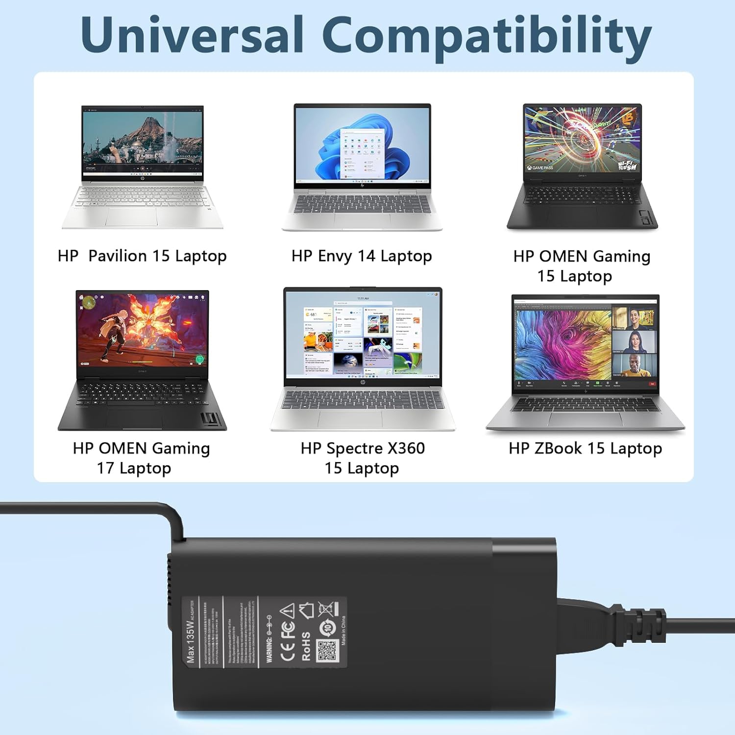 Chargeur portable 135&nbsp;W pour HP Spectre X360 15 16 15-ch000 15-df0000 15-df1000 15-eb0000 16-f0000 16-f1000 16-f2000 Portable pour HP Pavilion