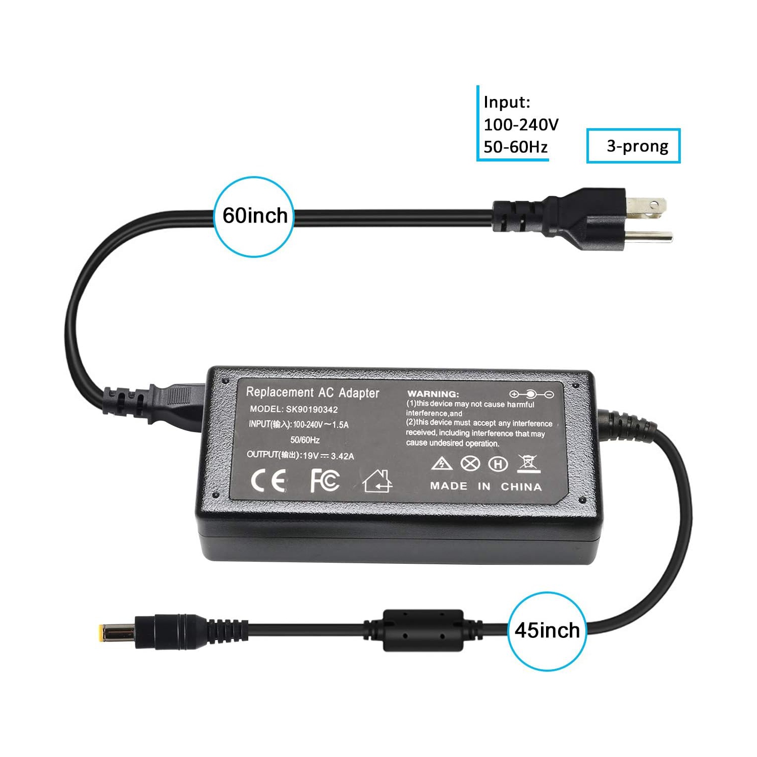 65W 19V 3.42A AC Adapter Laptop Charger for Acer Aspire E1 E3 E5 E11 V3 V5 V7 Series E1-571 E5-573 E5-574 E5-774 E5-511 E5-521 E5-511 V3-472 V3-571