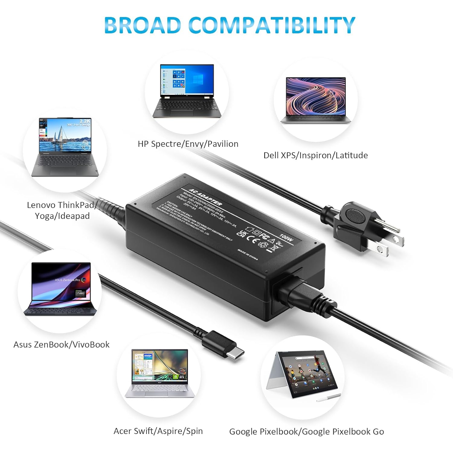 100W USB C Universal Laptop Charger, Type C Chromebook Computer Charger Power Supply Adapter Cord for Asus Lenovo Dell HP Acer MacBook Samsung Google
