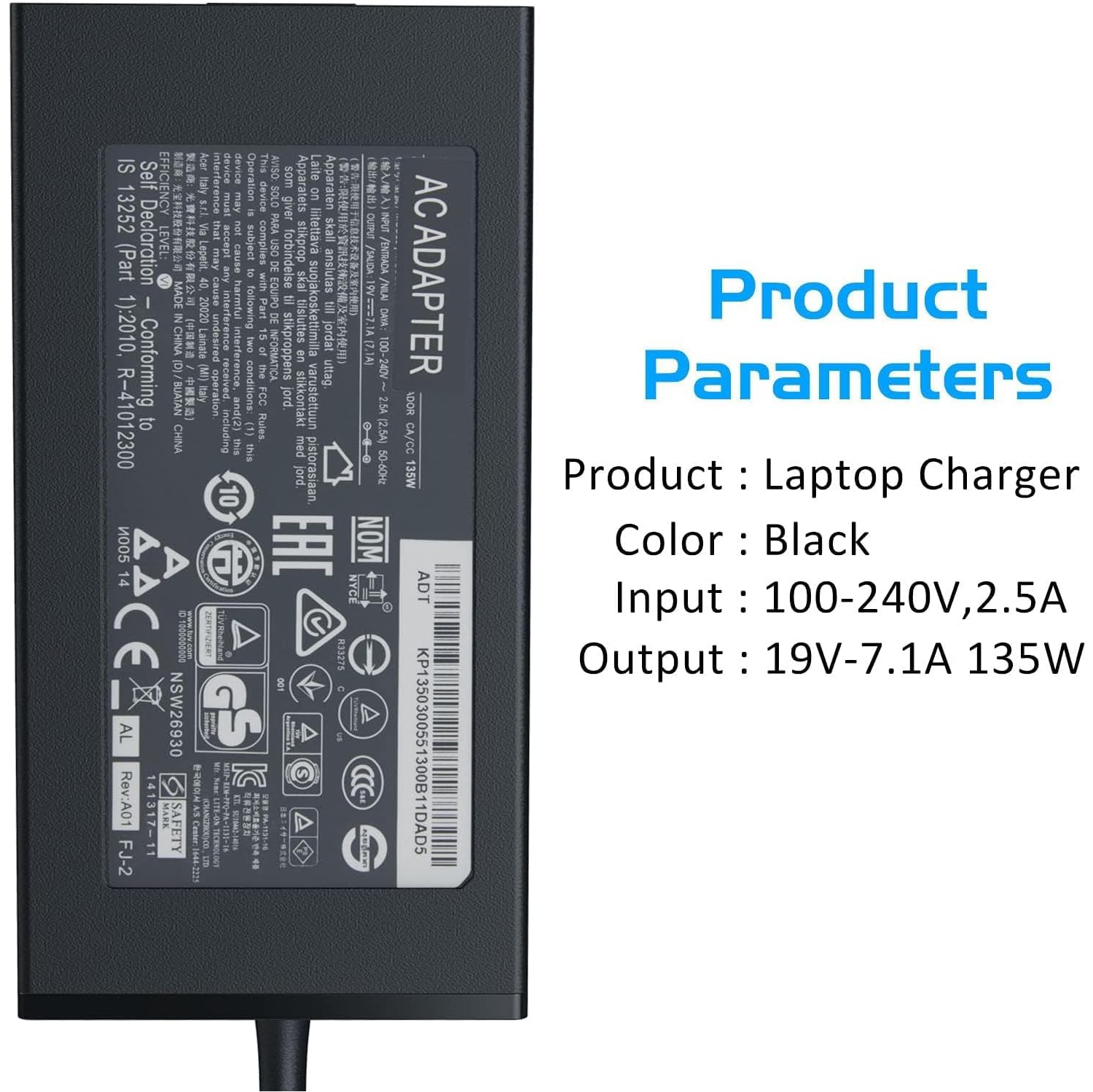 135W AC Charger Fit for Acer Nitro 5 N18C3 AN515-51 AN515-41 AN515-53 AN515-52 AN515-43 Laptop Adapter Power Supply Cord