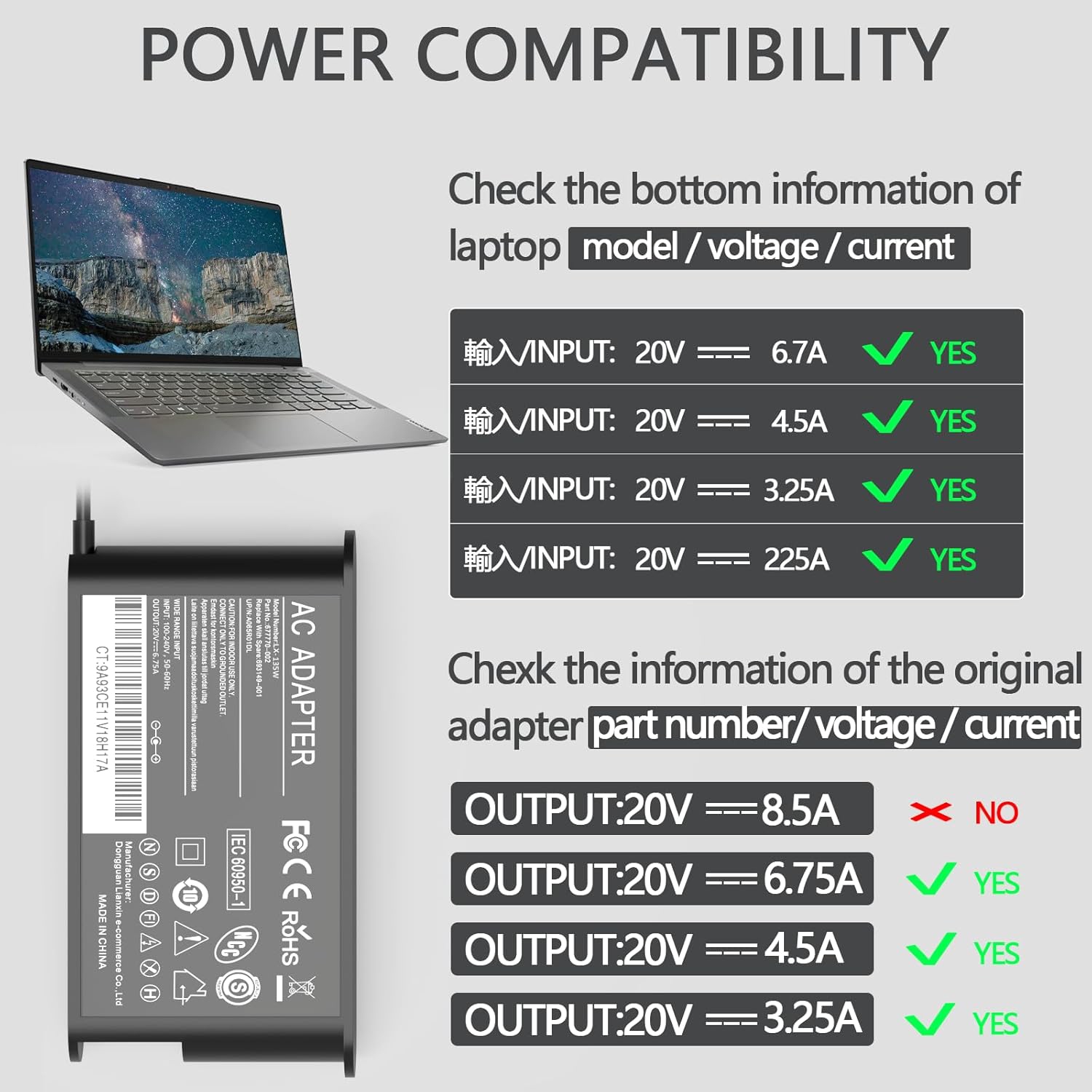 135W 20V 6.75A Laptop Charger Fit for Thinkpad 135W AC Adapter P1 P15v T15p P16 P16v P50 P70 P71 T440P T470P T540p X1 Extreme Gen 1 2 3 4 5 IdeaPad
