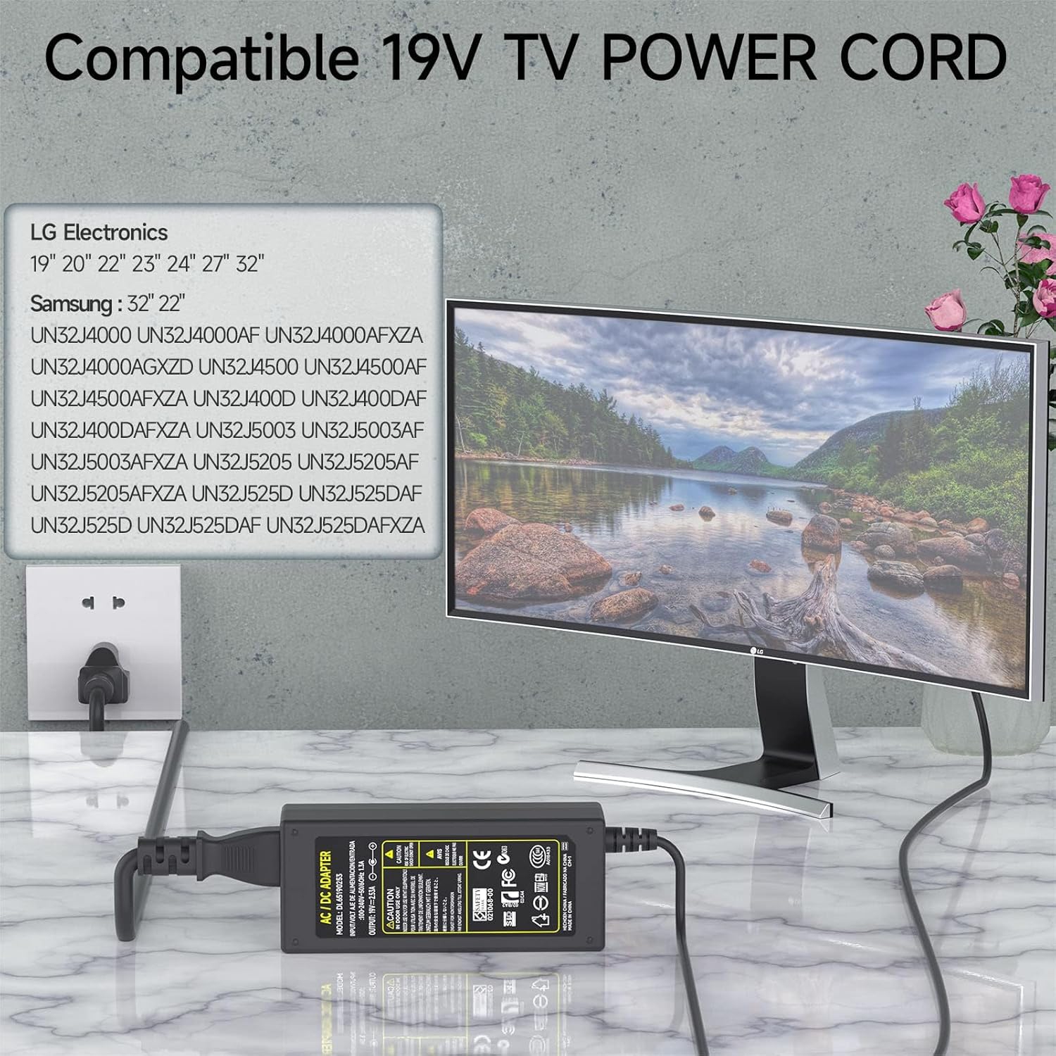 19&nbsp;V – Adaptateur c.a., chargeur pour LG Electronics 19 20 22 23 24 27 32 Moniteur ACL DEL, écran panoramique, TVHD 24M47H-P 24&nbsp;Mpx,