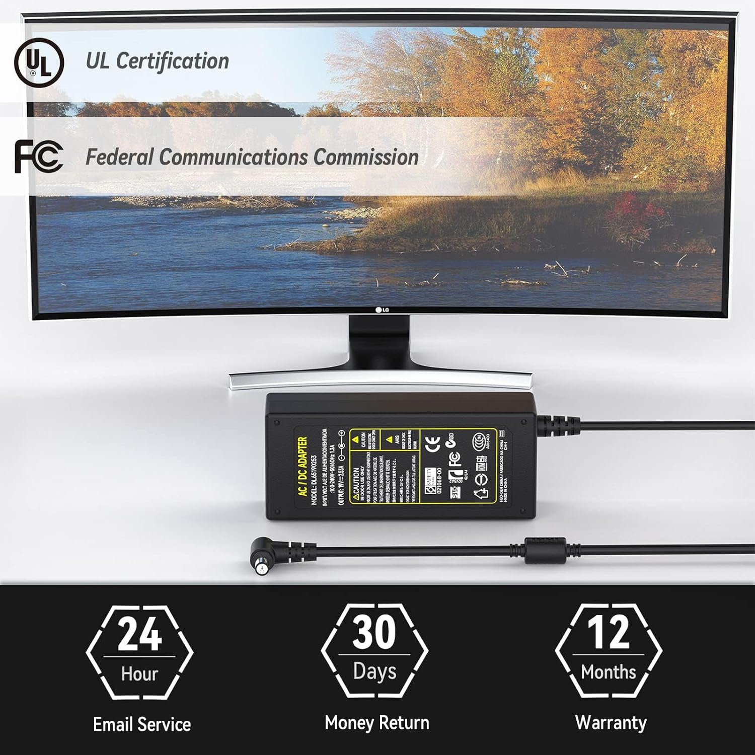 19&nbsp;V – Adaptateur c.a., chargeur pour LG Electronics 19 20 22 23 24 27 32 Moniteur ACL DEL, écran panoramique, TVHD 24M47H-P 24&nbsp;Mpx,